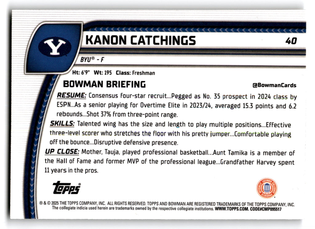 2025 Bowman Chrome University Kanon Catchings #40