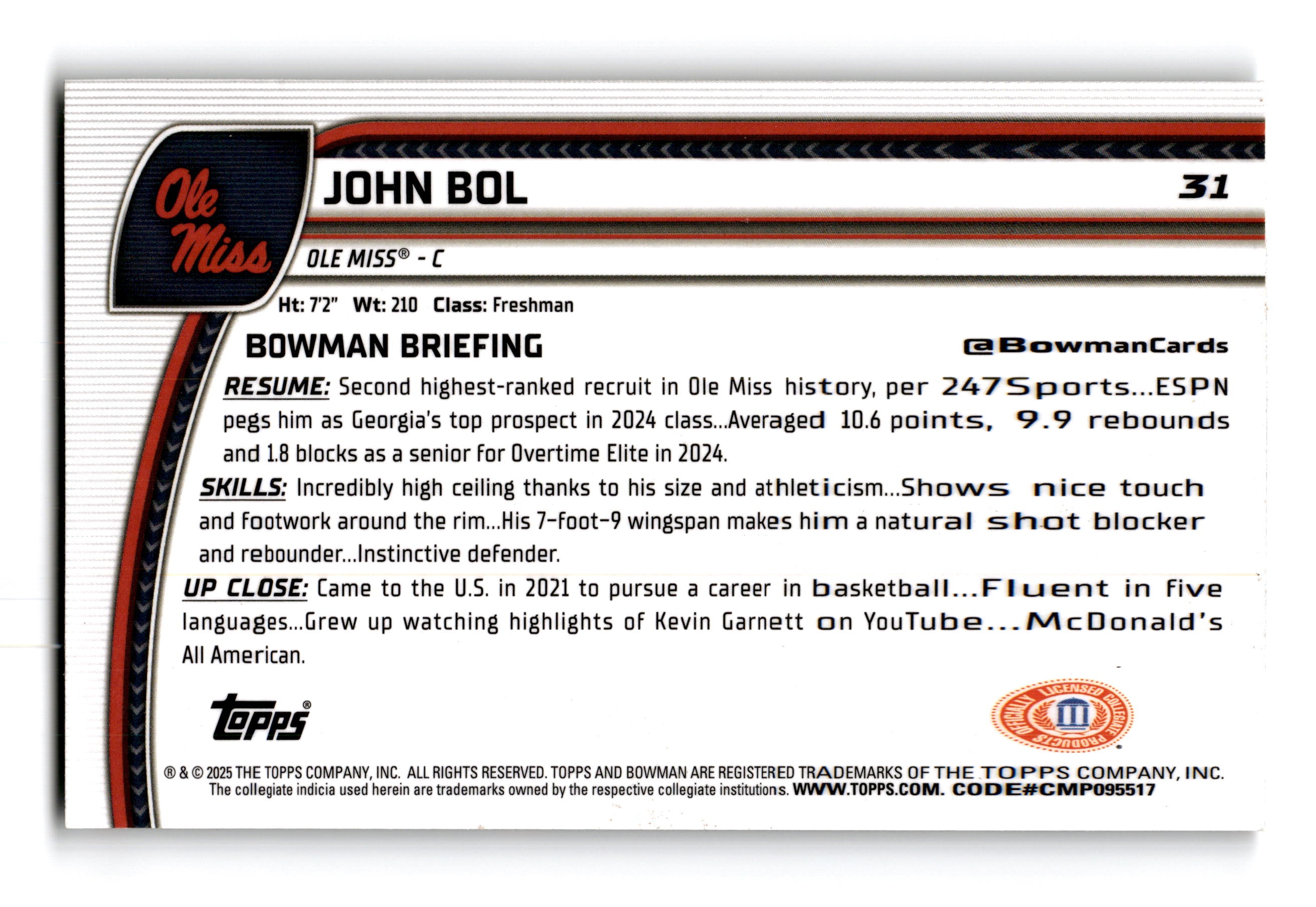 2024 Topps Bowman Chrome University John Bol #31