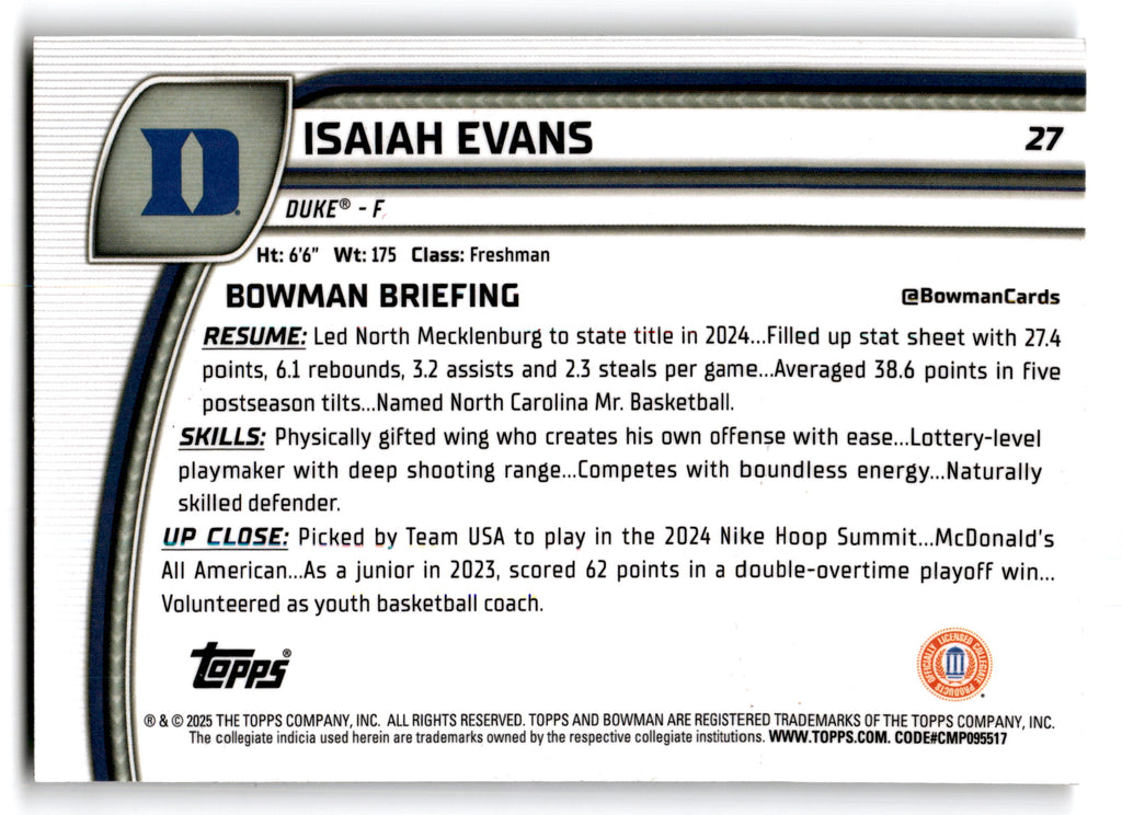 2025 Topps Bowman University Chrome Isaiah Evans #27