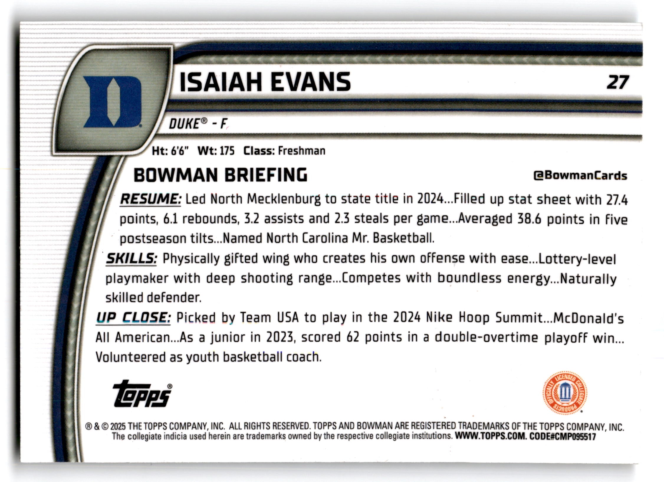 2025 Topps Bowman University Chrome Isaiah Evans #27