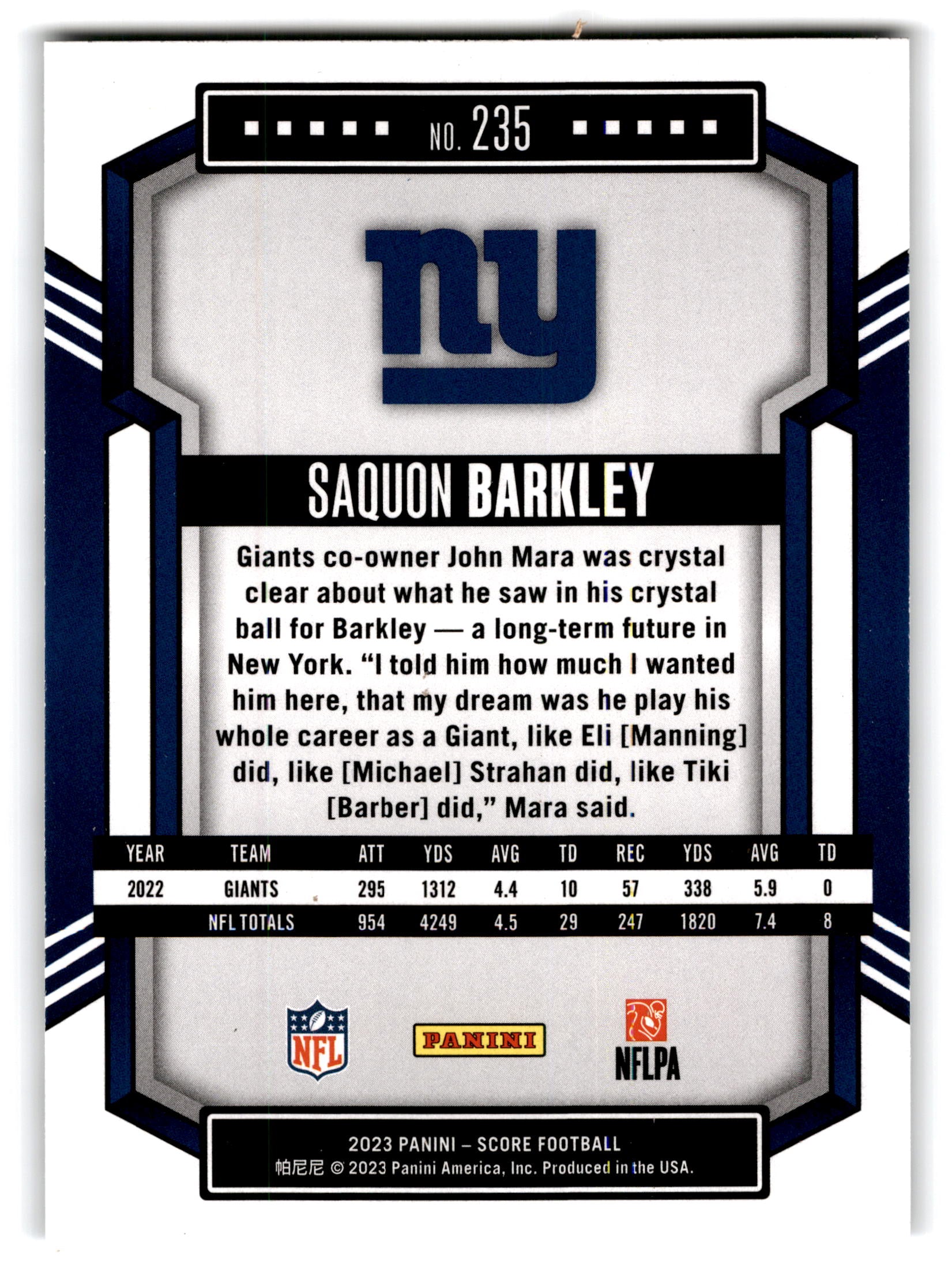 2023 Panini Score Football Saquon Barkley #235 Scorecard
