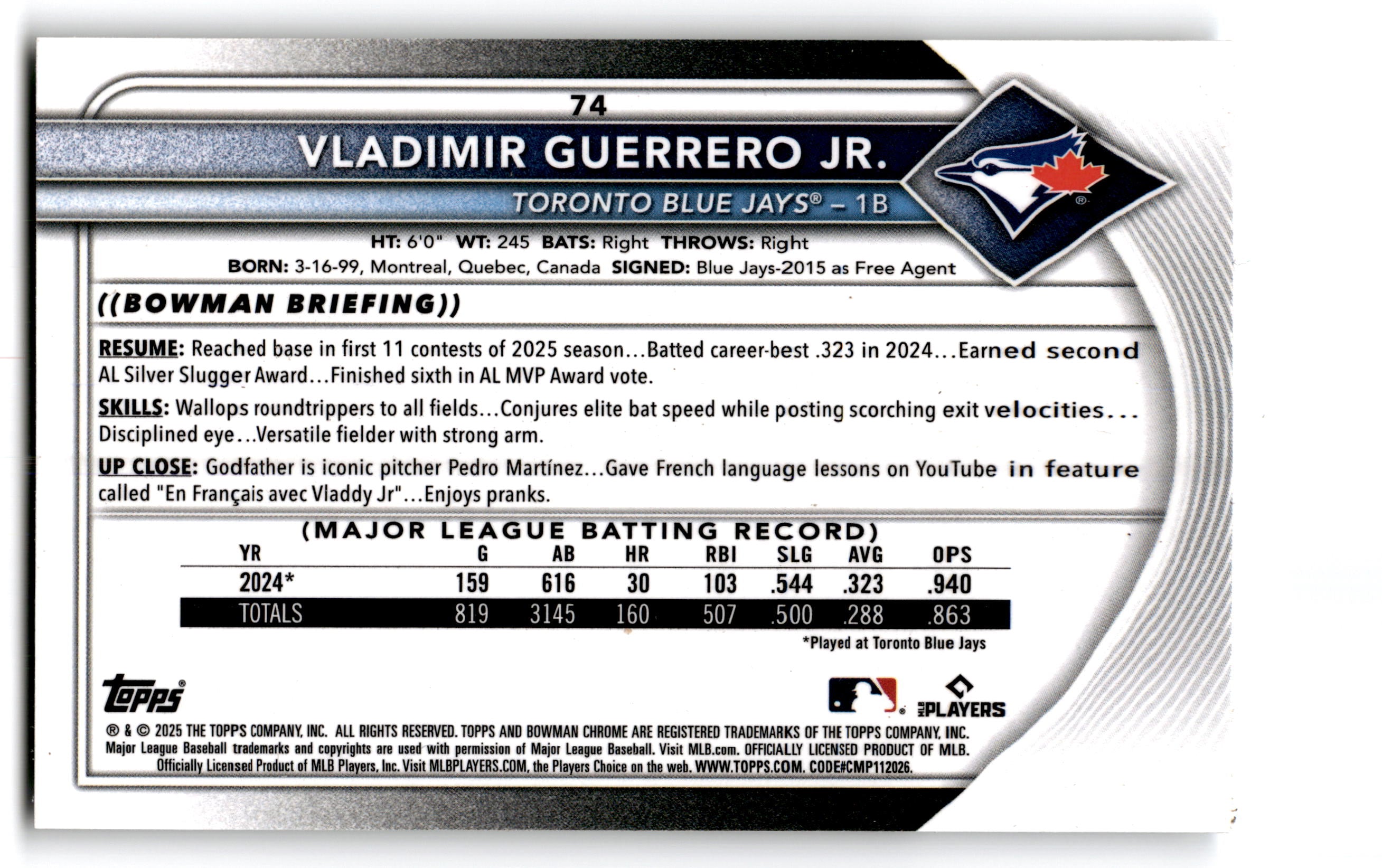 2025 Bowman Chrome Vladimir Guerrero Jr. #74