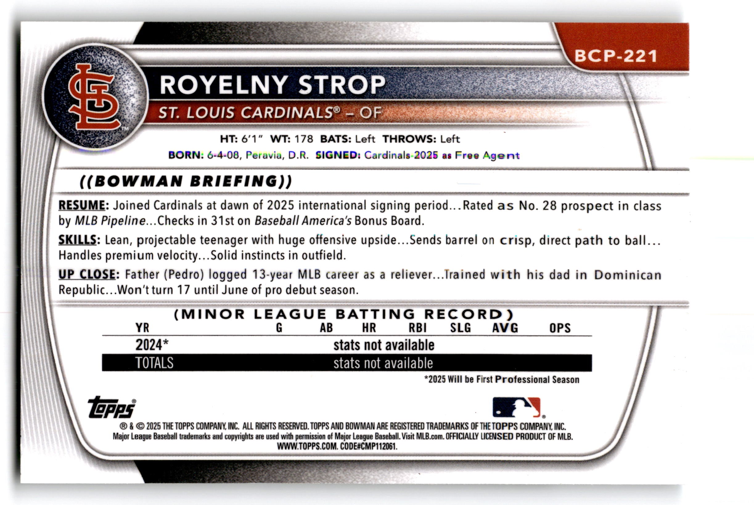 2025 Topps Bowman Chrome Prospects Royelny Strop #BCP-221