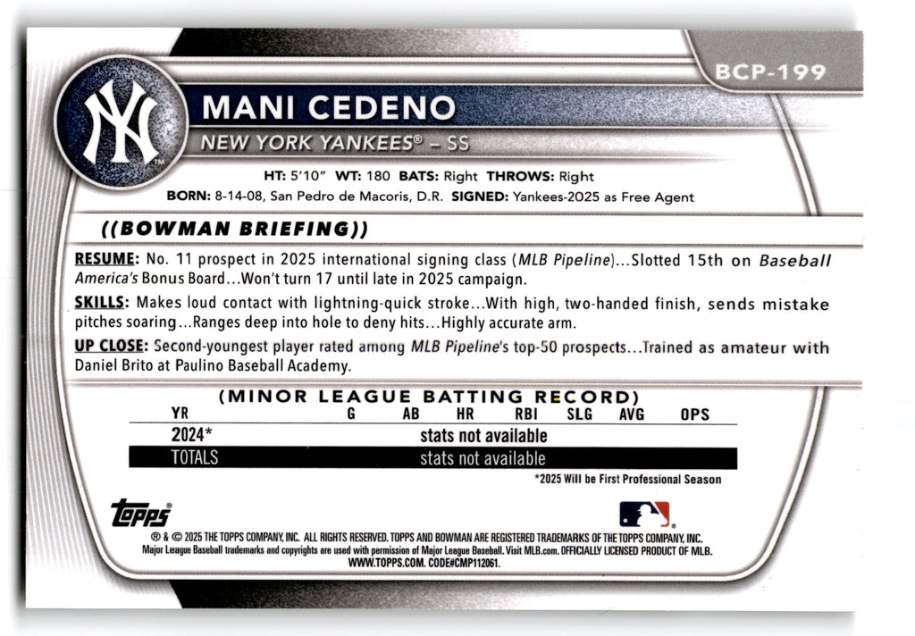 2025 Topps Bowman Chrome Prospects Mani Cedeno #BCP-199