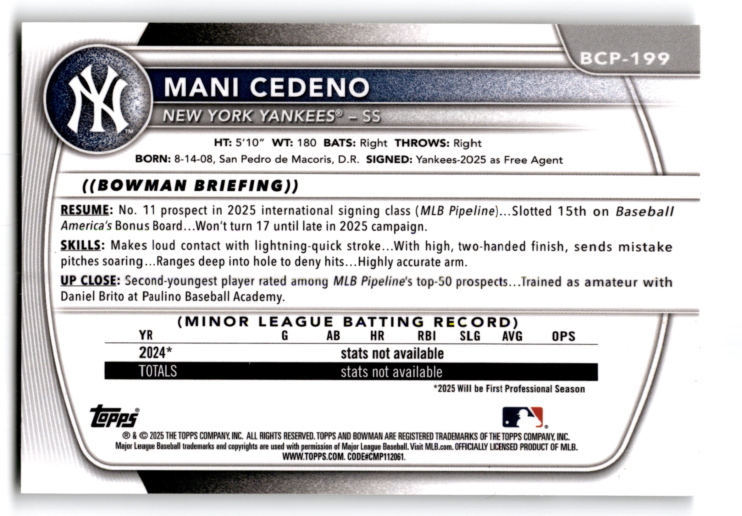2025 Topps Bowman Chrome Prospects Mani Cedeno #BCP-199