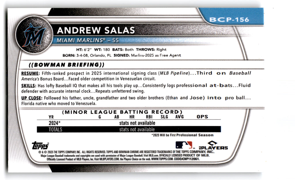2025 Bowman Chrome Prospects Andrew Salas #BCP-156