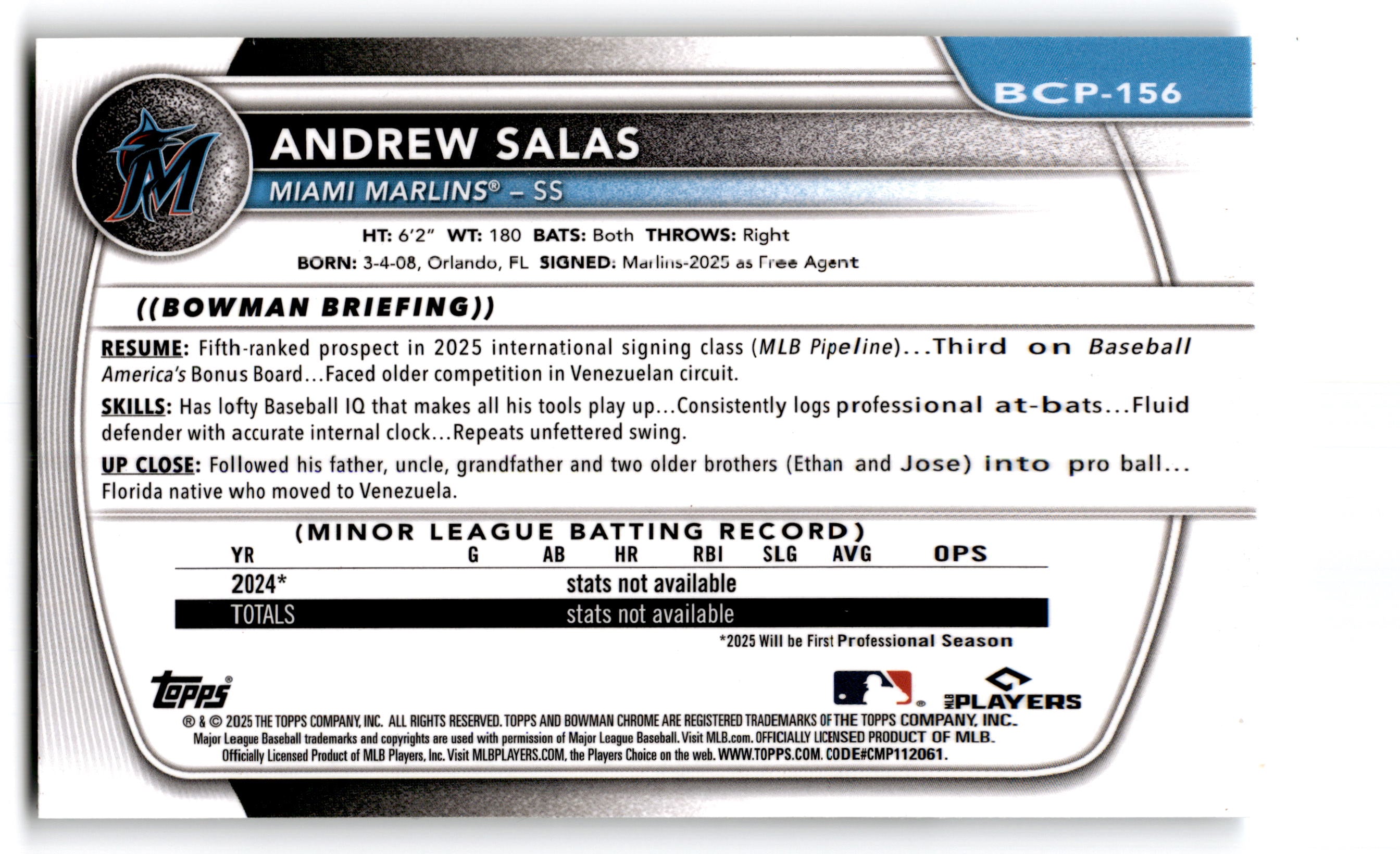 2025 Bowman Chrome Prospects Andrew Salas #BCP-156