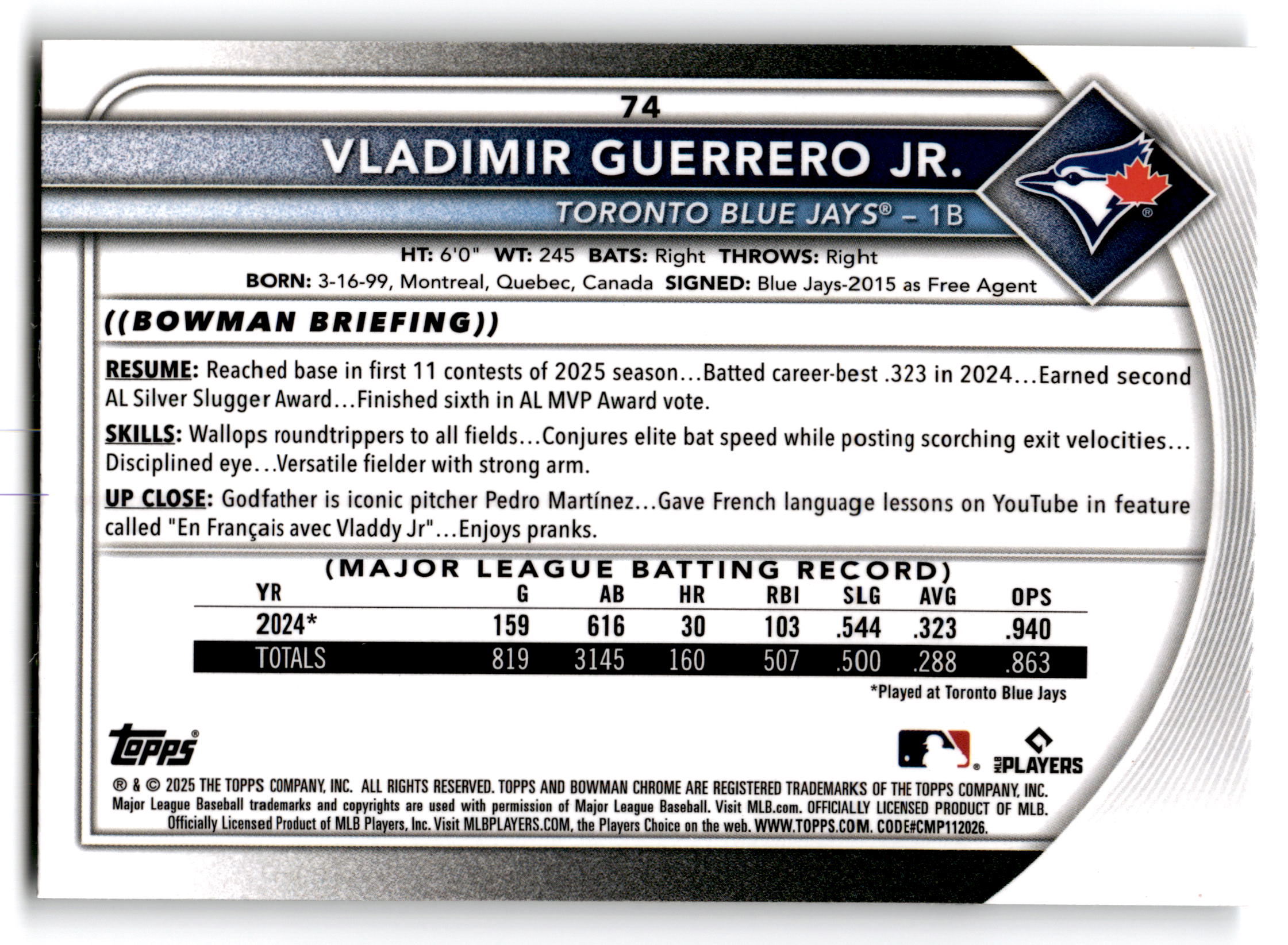 2025 Bowman Chrome Vladimir Guerrero Jr. #74