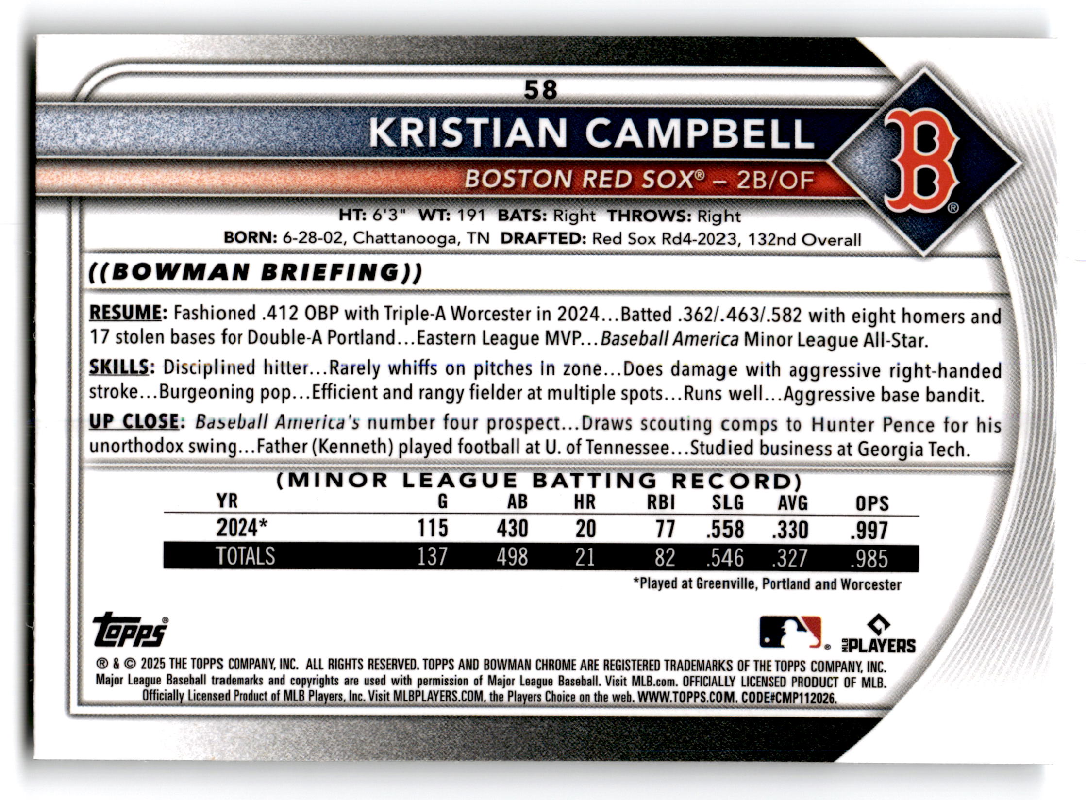 2024 Bowman Chrome Kristian Campbell #58 RC