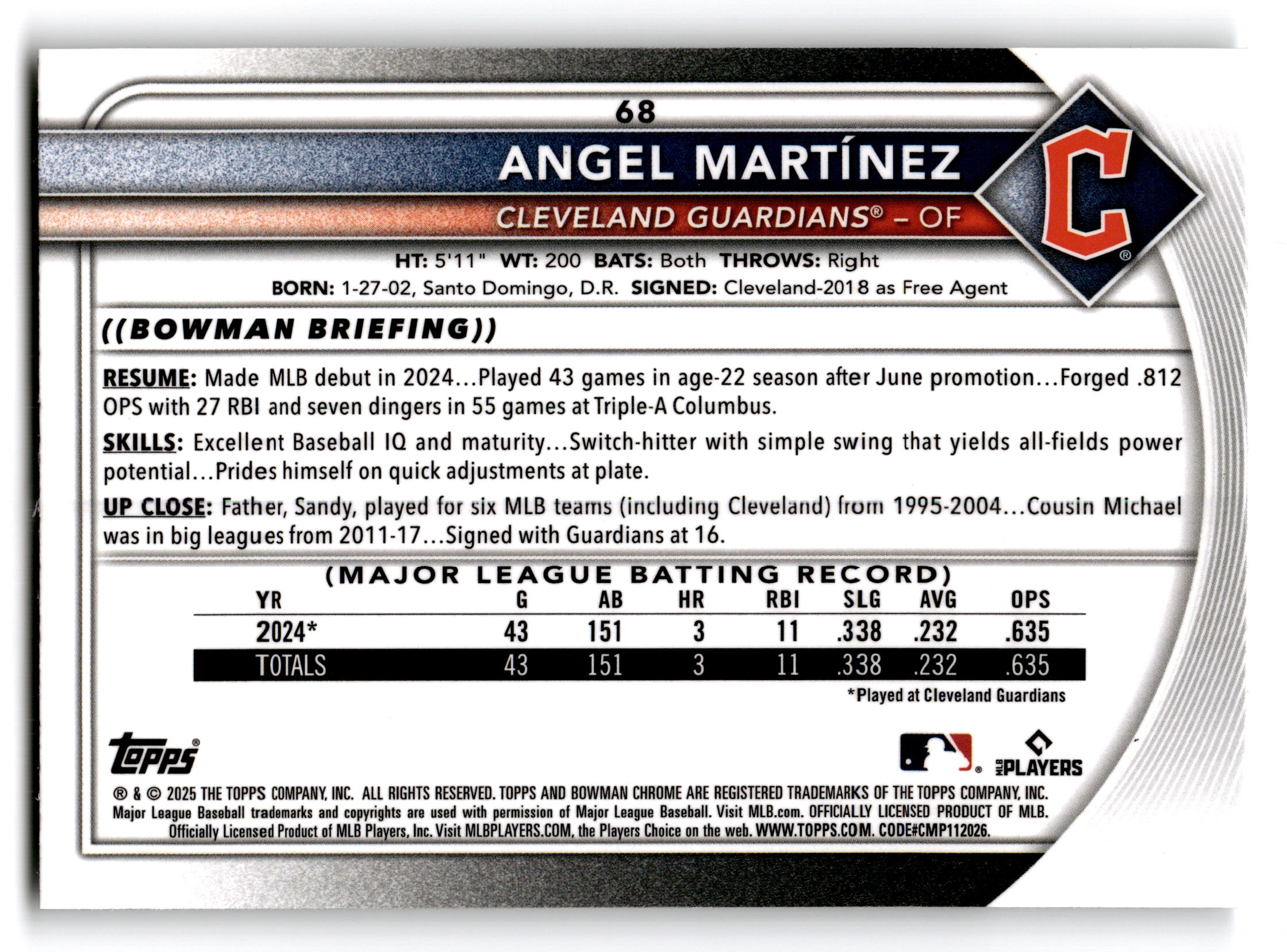 2025 Bowman Chrome Angel Martínez #68 RC