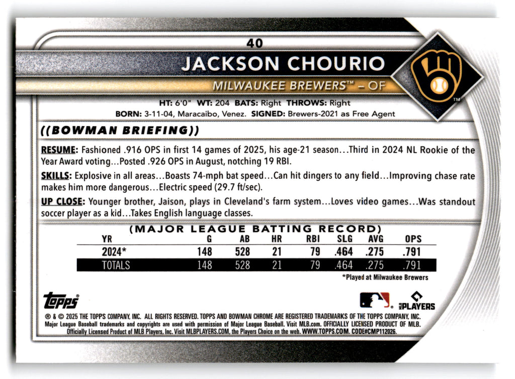 2024 Topps Bowman Chrome Jackson Chourio #40