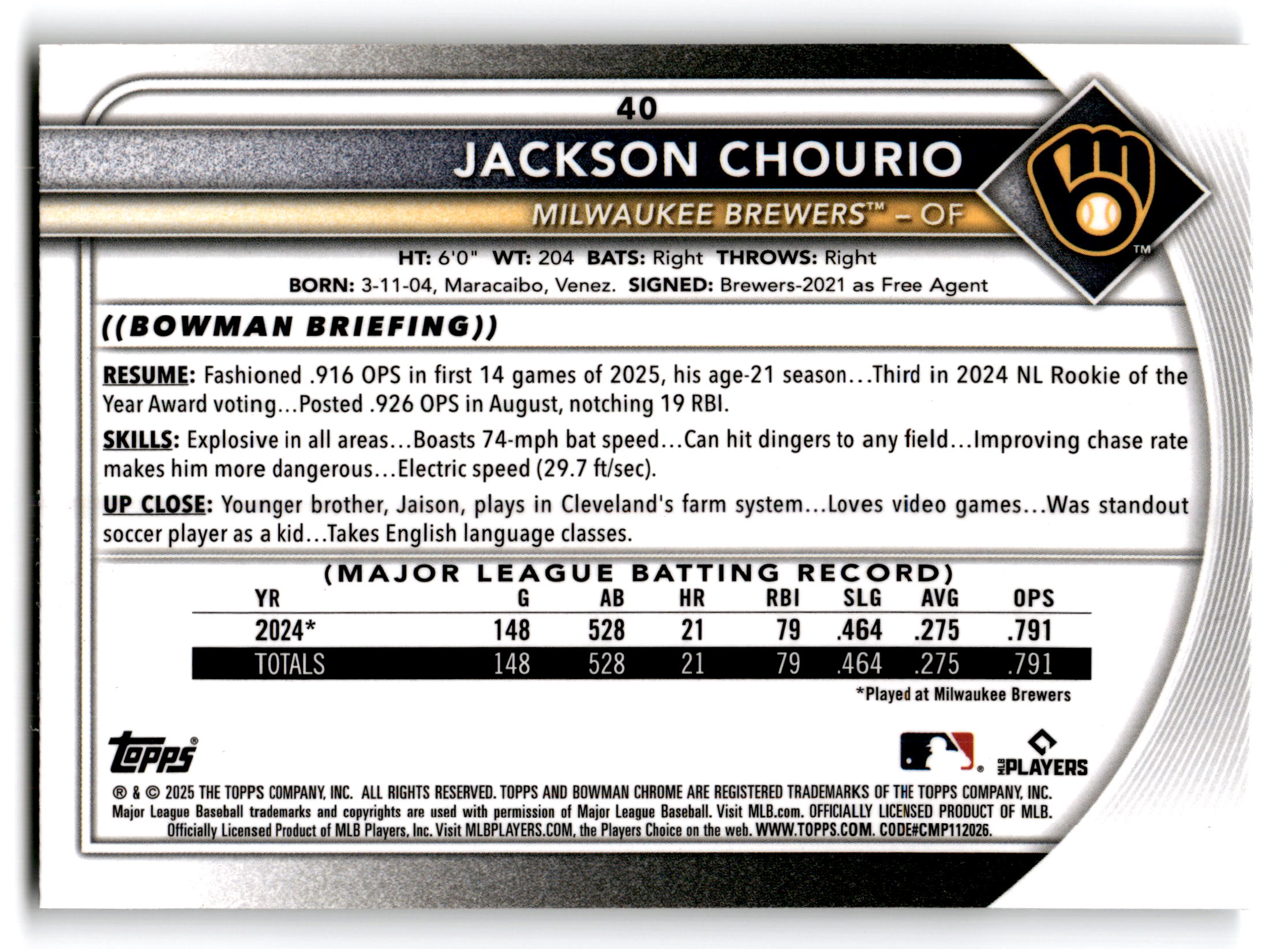 2024 Topps Bowman Chrome Jackson Chourio #40