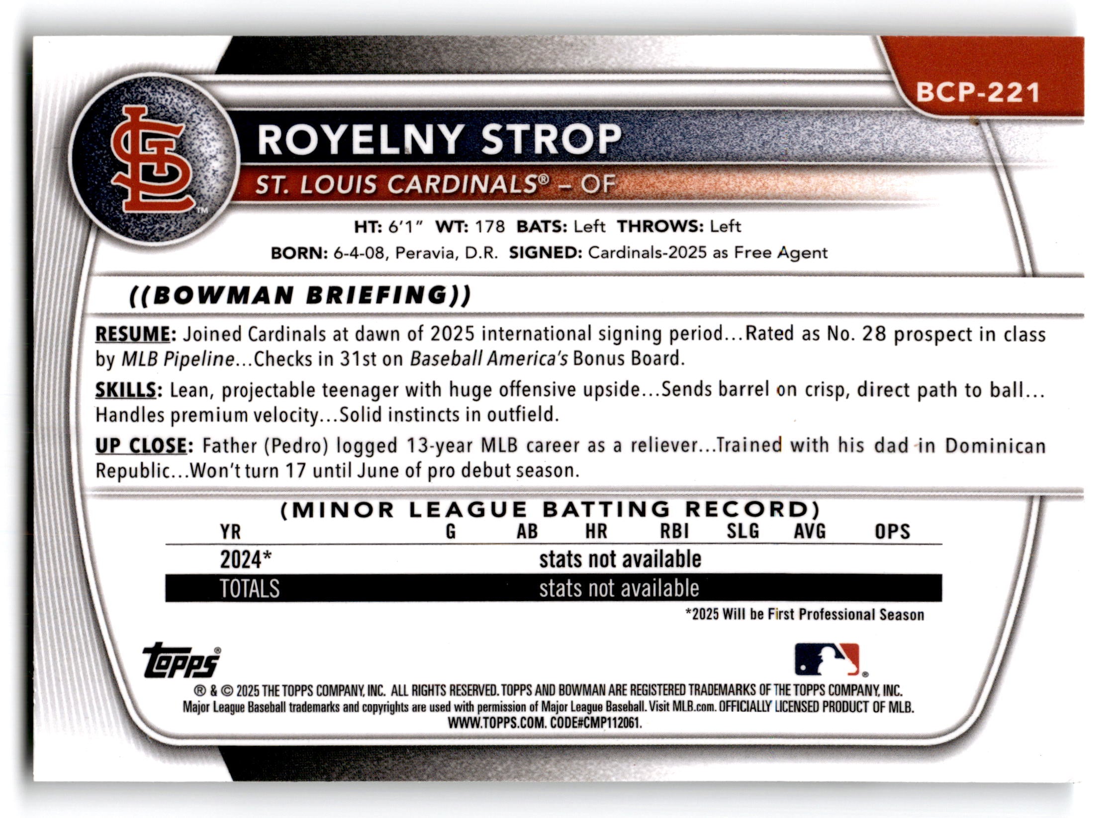 2025 Bowman Chrome Prospects Royelny Strop #BCP-221