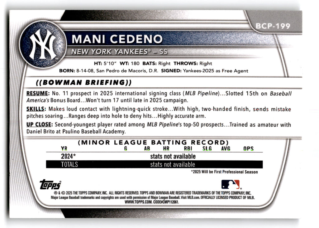 2025 Topps Bowman Chrome Prospects Mani Cedeno #BCP-199