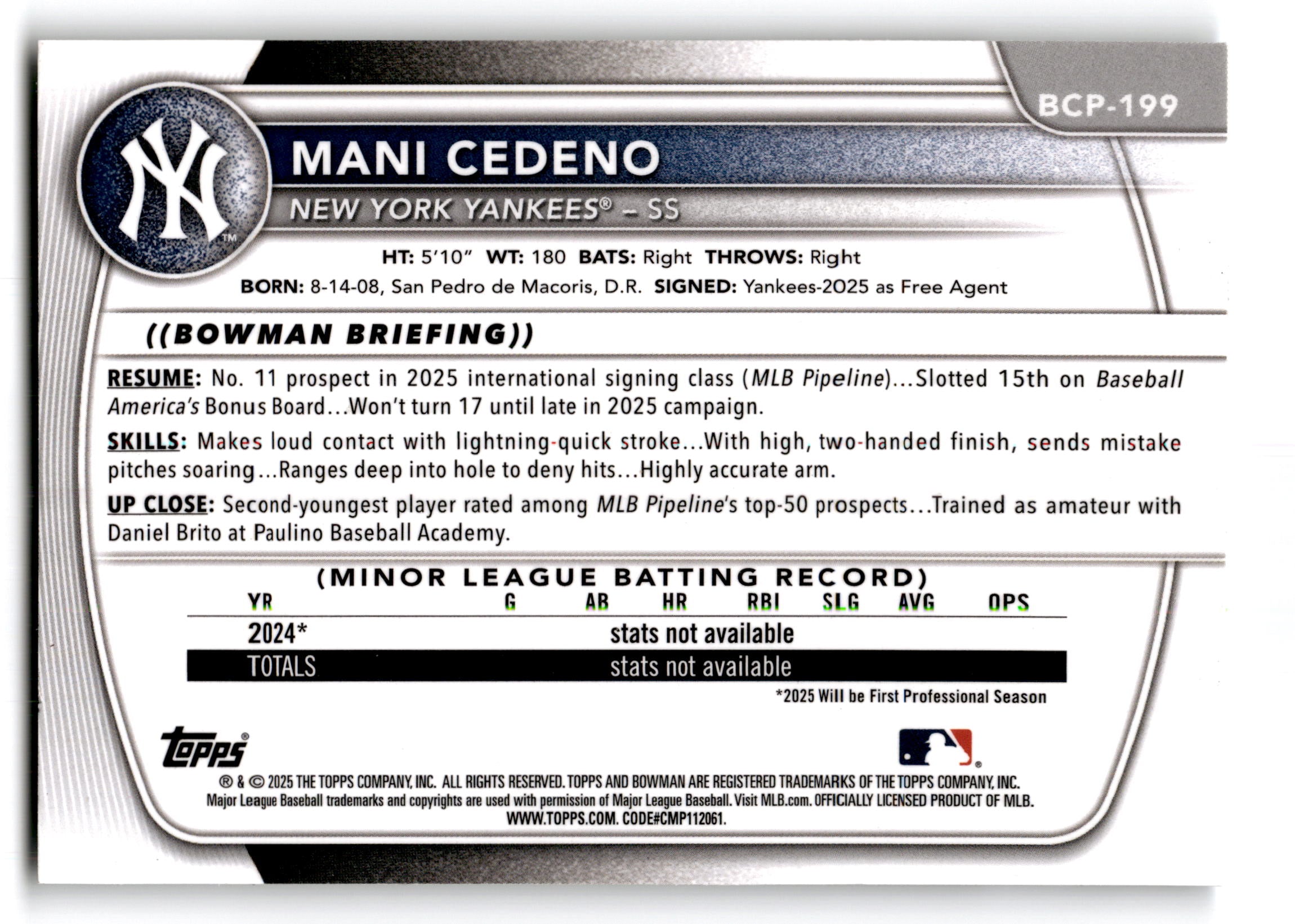 2025 Topps Bowman Chrome Prospects Mani Cedeno #BCP-199