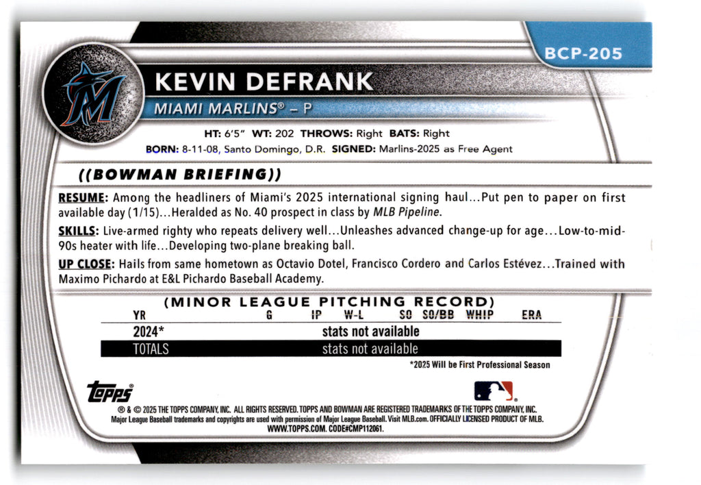 2025 Bowman Chrome Kevin Defrank #BCP-205