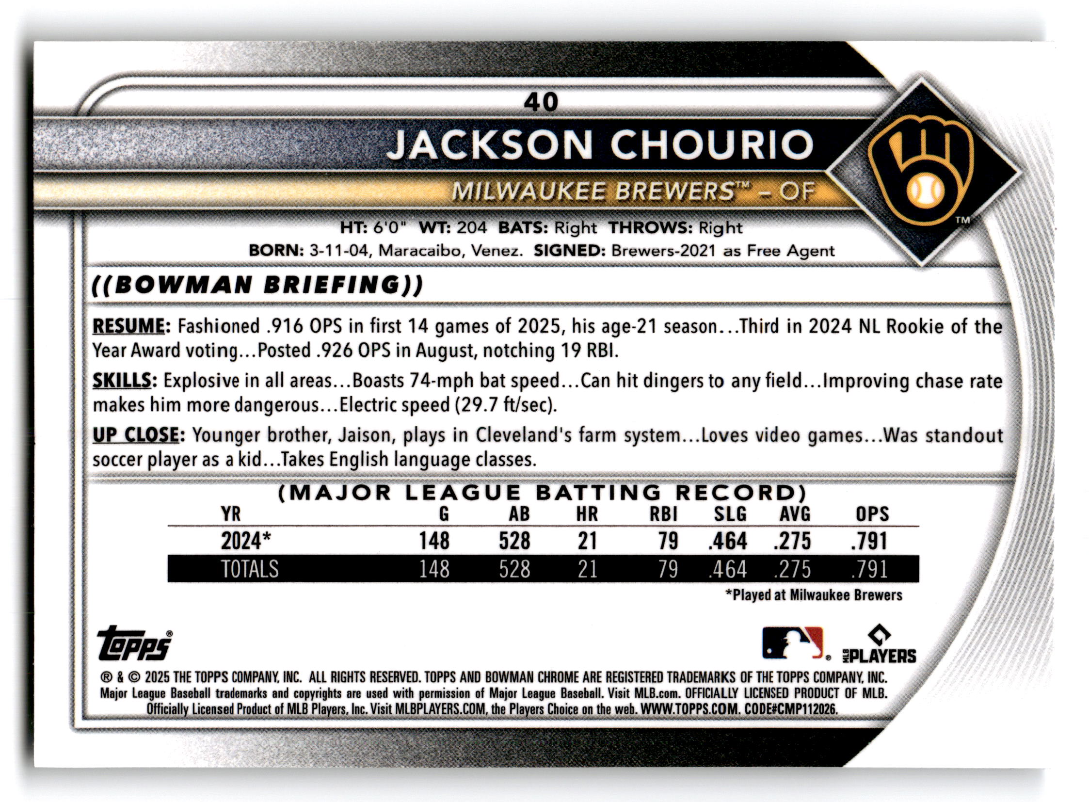 2025 Topps Bowman Chrome Jackson Chourio #40