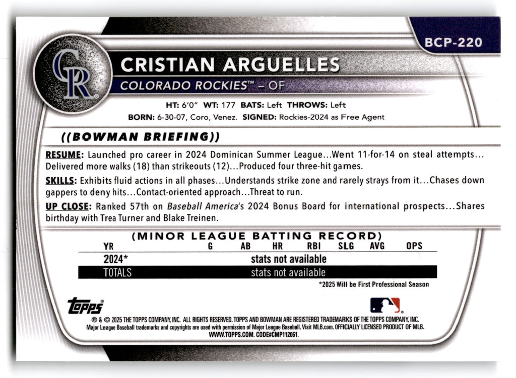 2024 Topps Bowman Chrome Cristian Arguelles #BCP-220