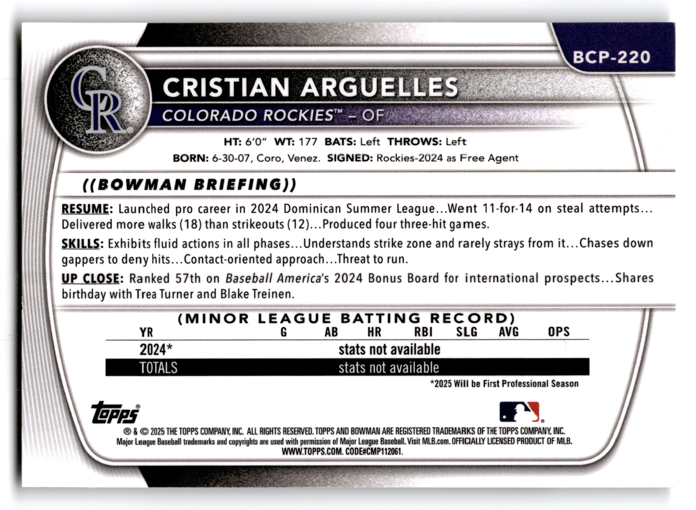 2024 Topps Bowman Chrome Cristian Arguelles #BCP-220