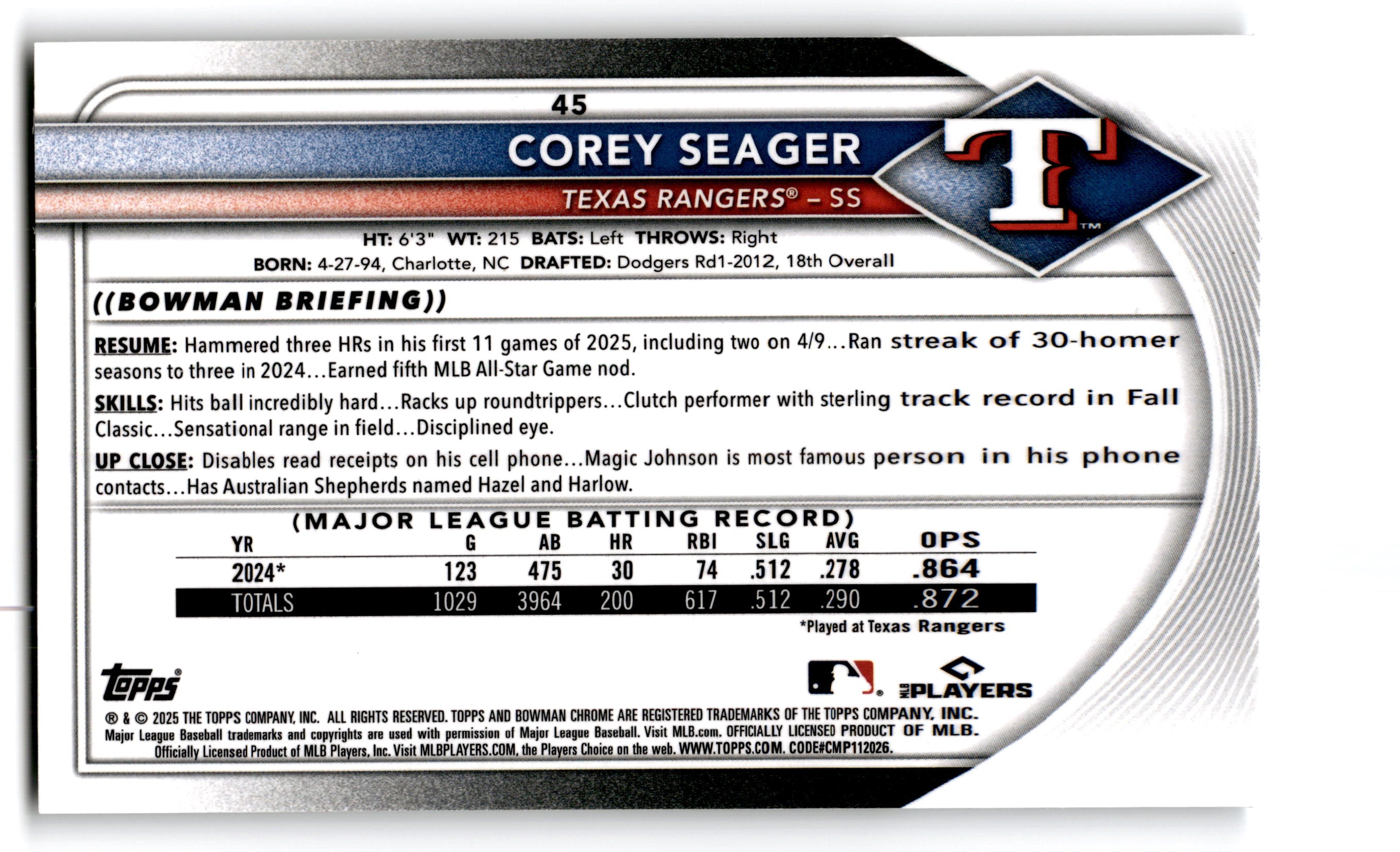 2025 Bowman Chrome Corey Seager #45