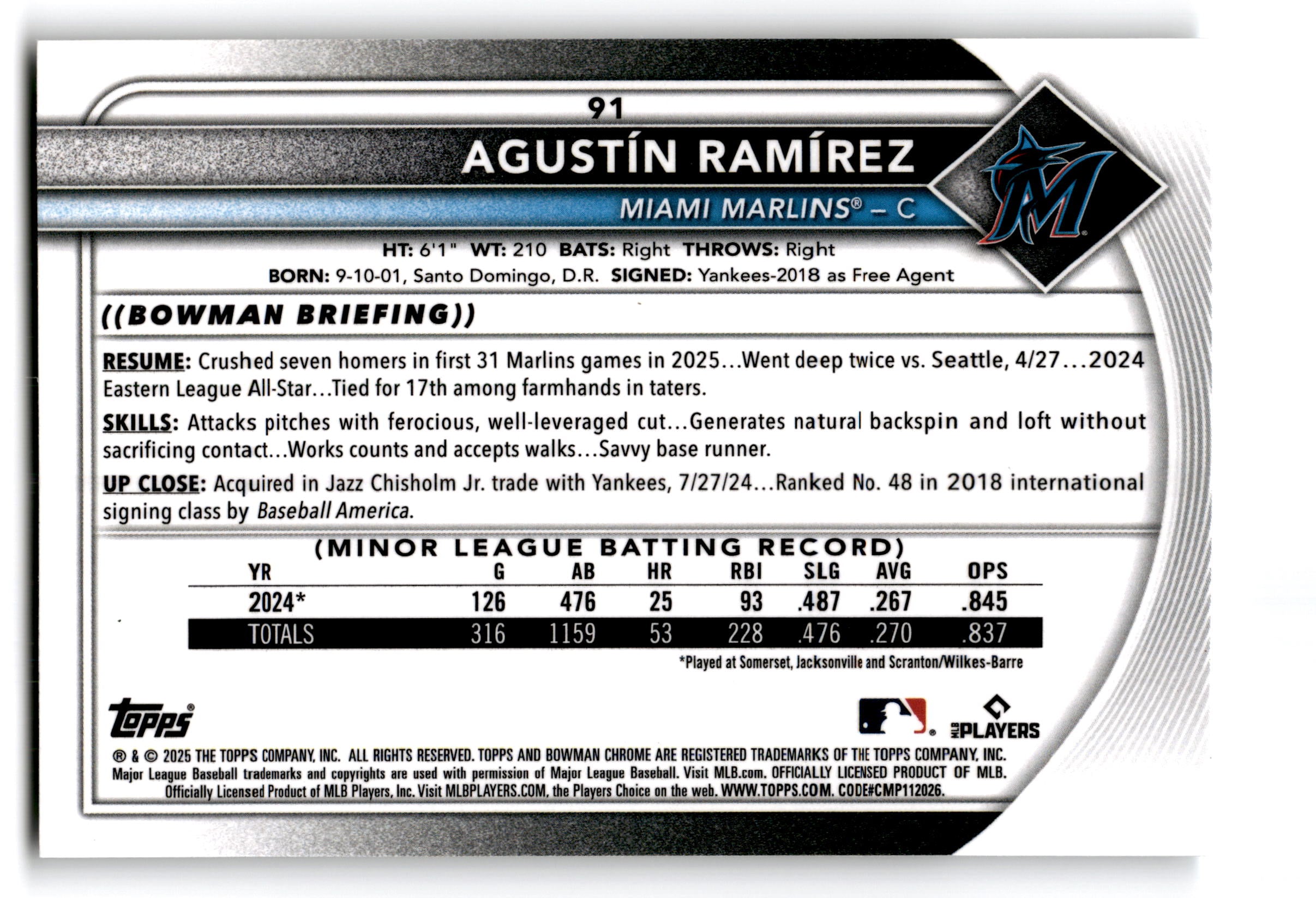 2024 Bowman Chrome Agustín Ramírez #91 RC