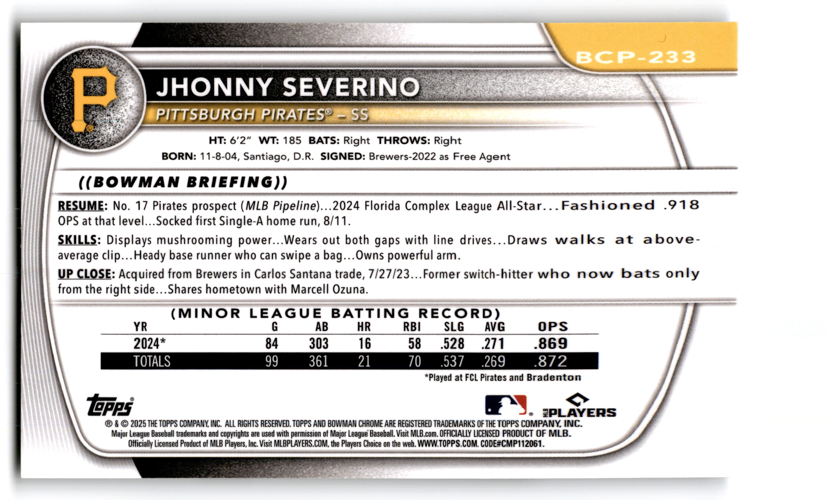 2024 Bowman Chrome Prospects Jhonny Severino #BCP-233
