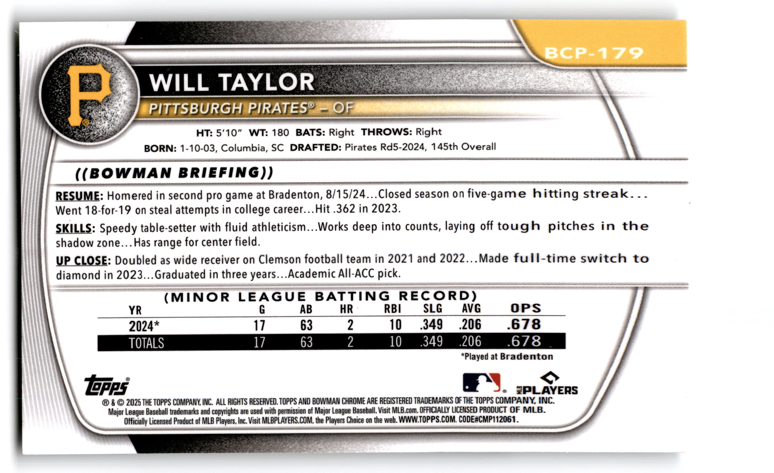 2024 Bowman Chrome Will Taylor #BCP-179