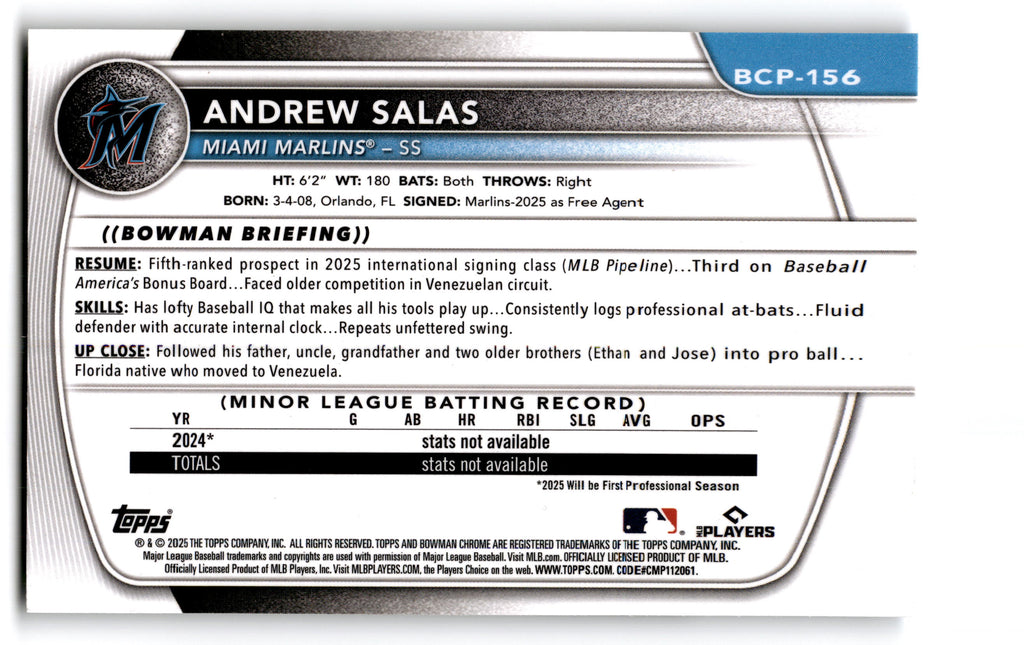 2025 Topps Bowman Chrome Andrew Salas #BCP-156