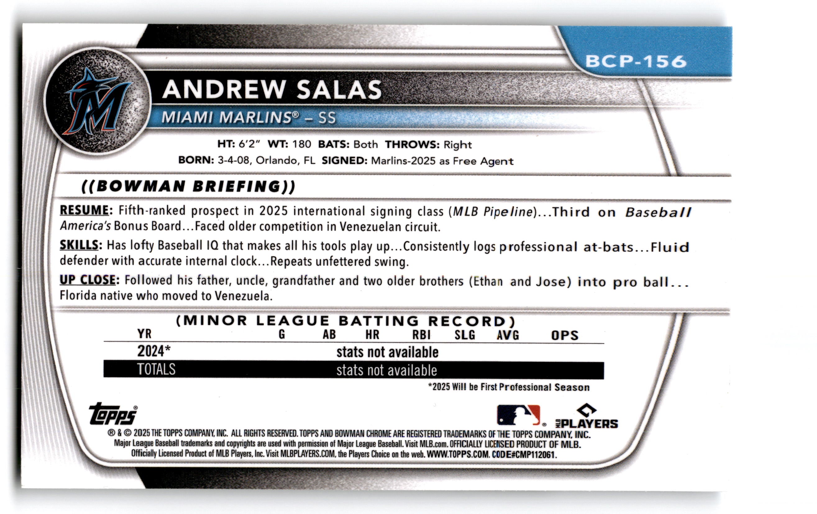2025 Topps Bowman Chrome Andrew Salas #BCP-156