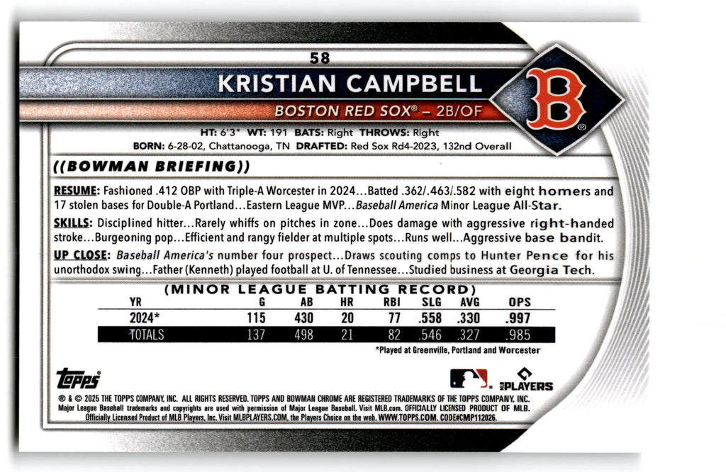 2024 Topps Bowman Chrome Kristian Campbell #58 RC