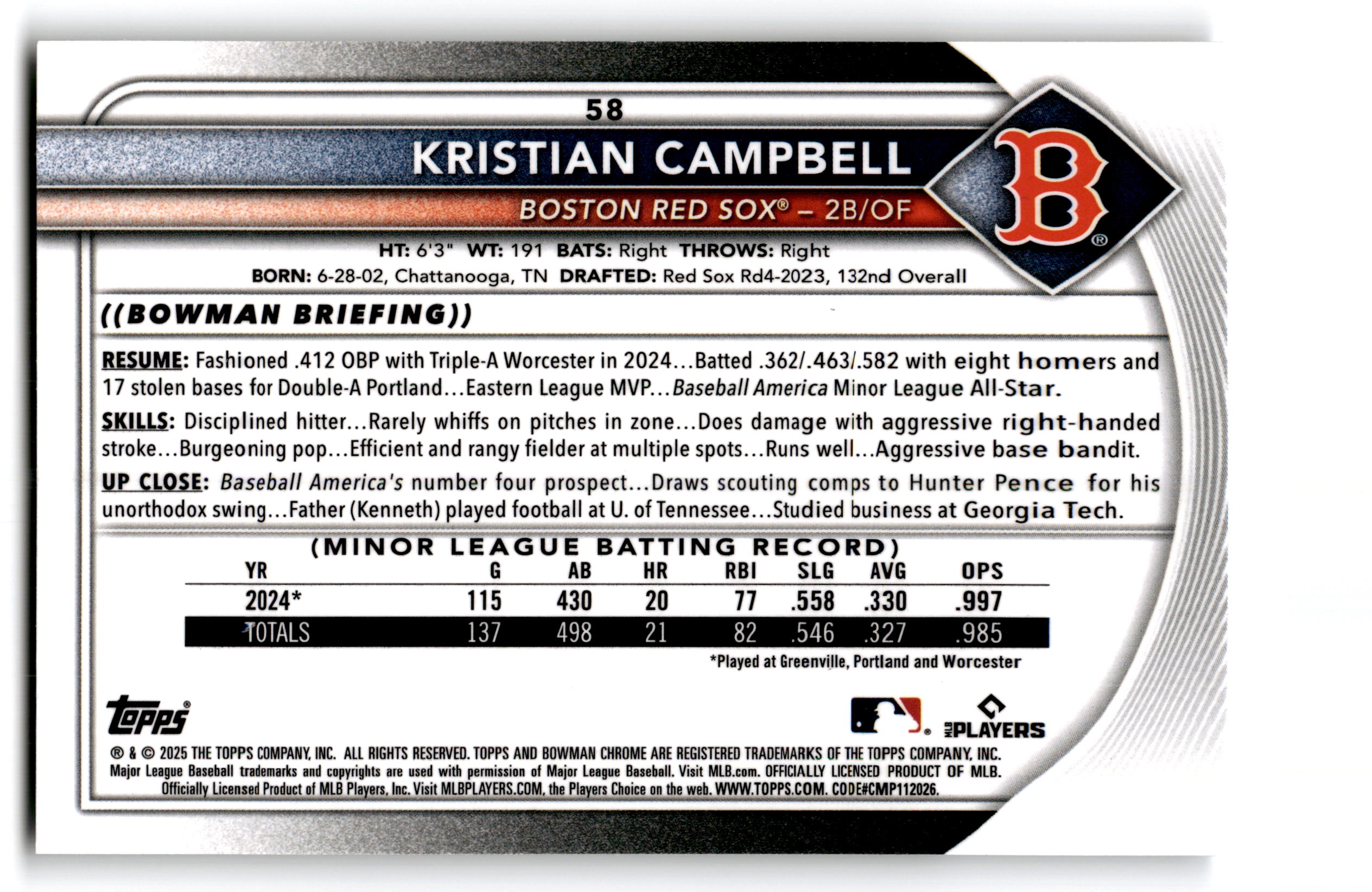 2024 Topps Bowman Chrome Kristian Campbell #58 RC