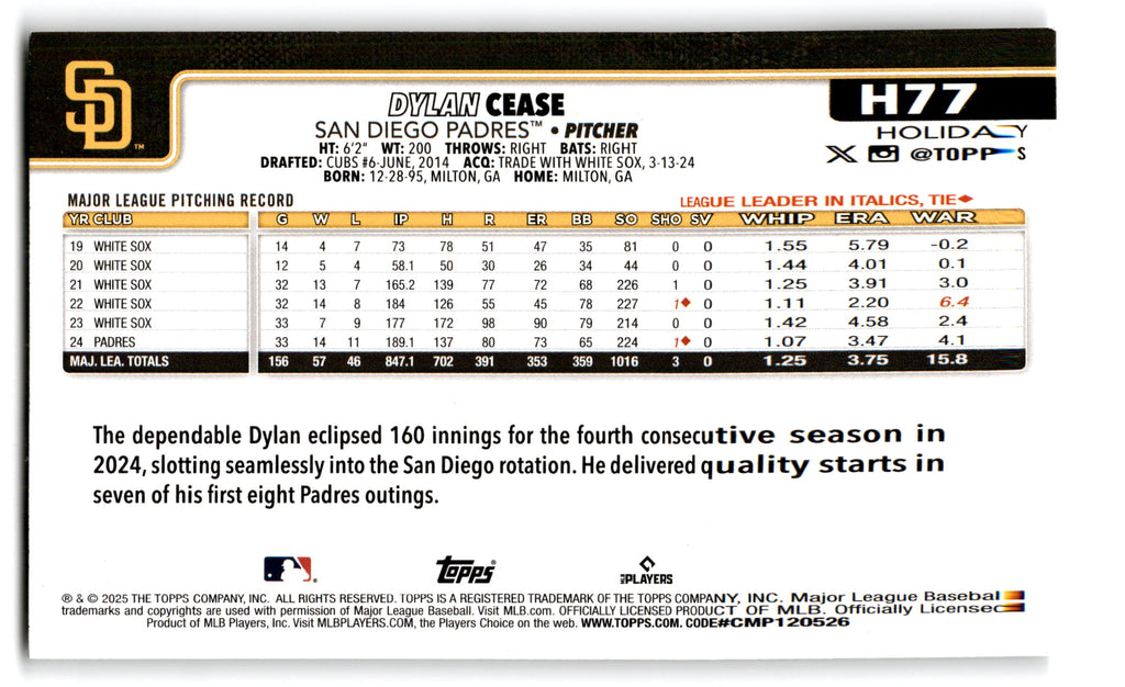 2024 Topps Holiday Dylan Cease #H77