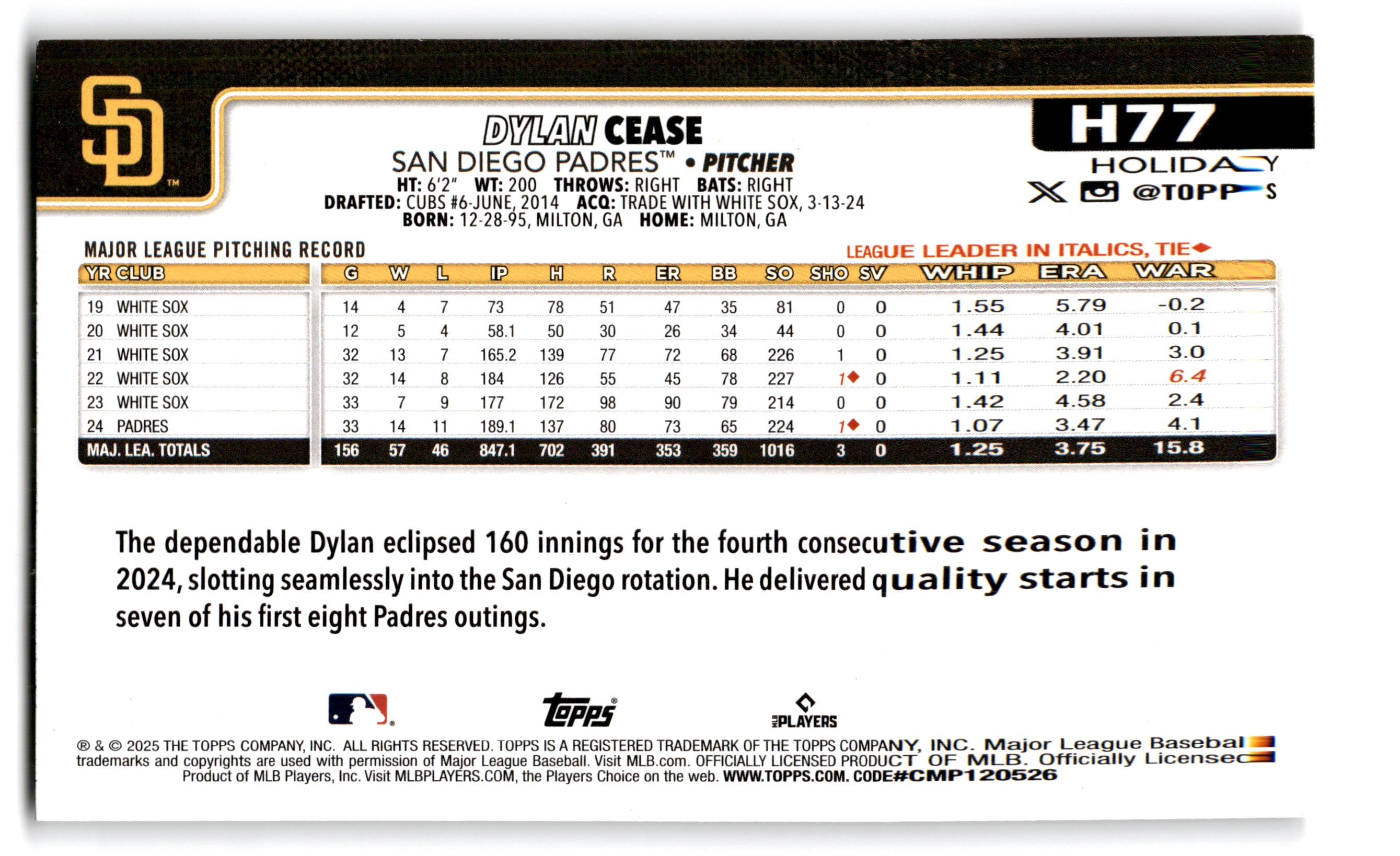 2024 Topps Holiday Dylan Cease #H77