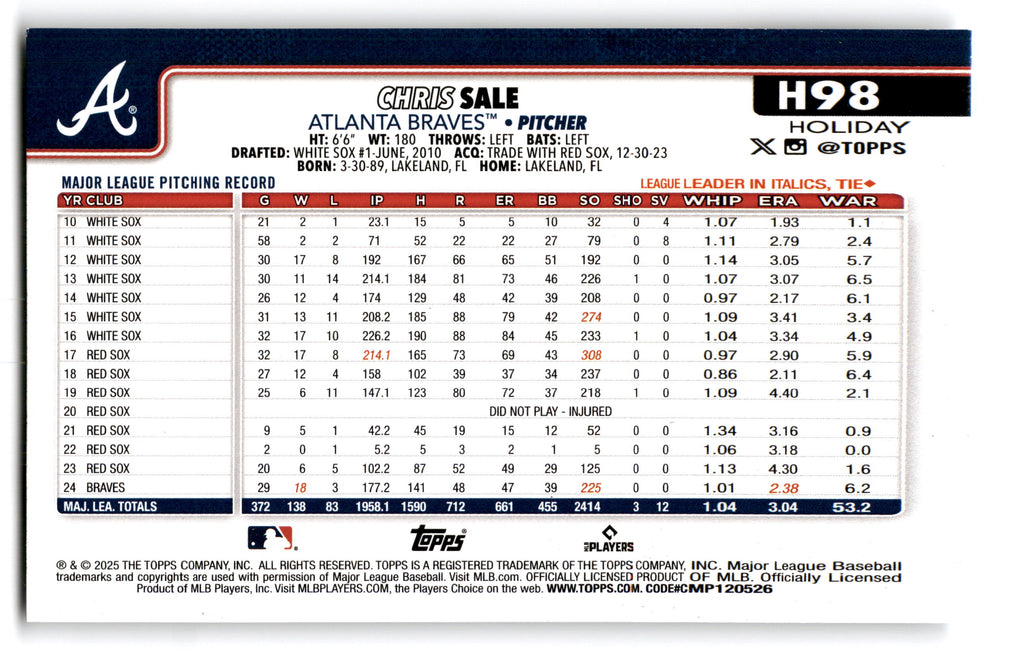 2025 Topps Holiday Chris Sale #H98