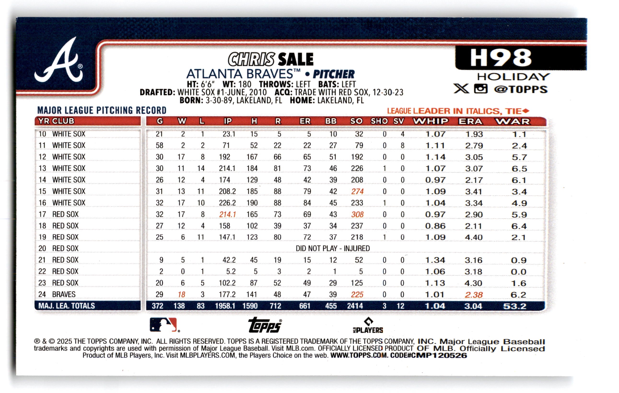 2025 Topps Holiday Chris Sale #H98