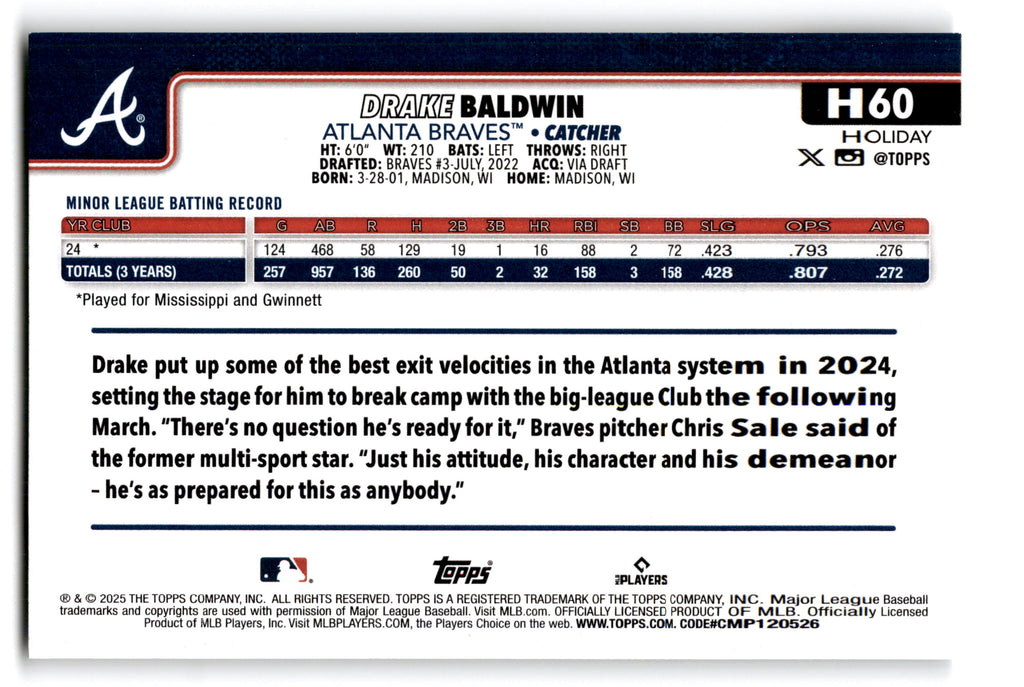 2025 Topps Holiday Drake Baldwin #H-60 RC