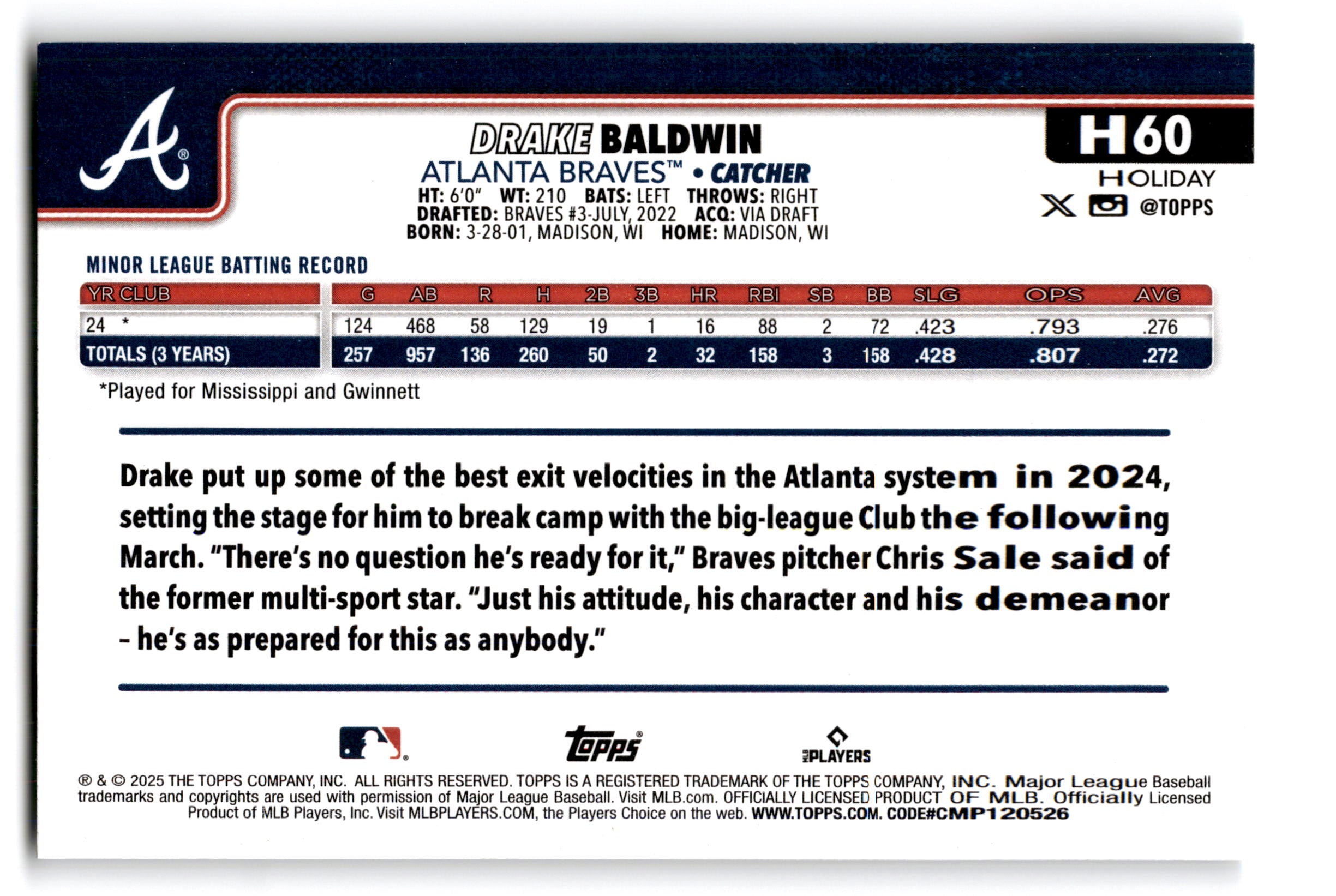 2025 Topps Holiday Drake Baldwin #H-60 RC