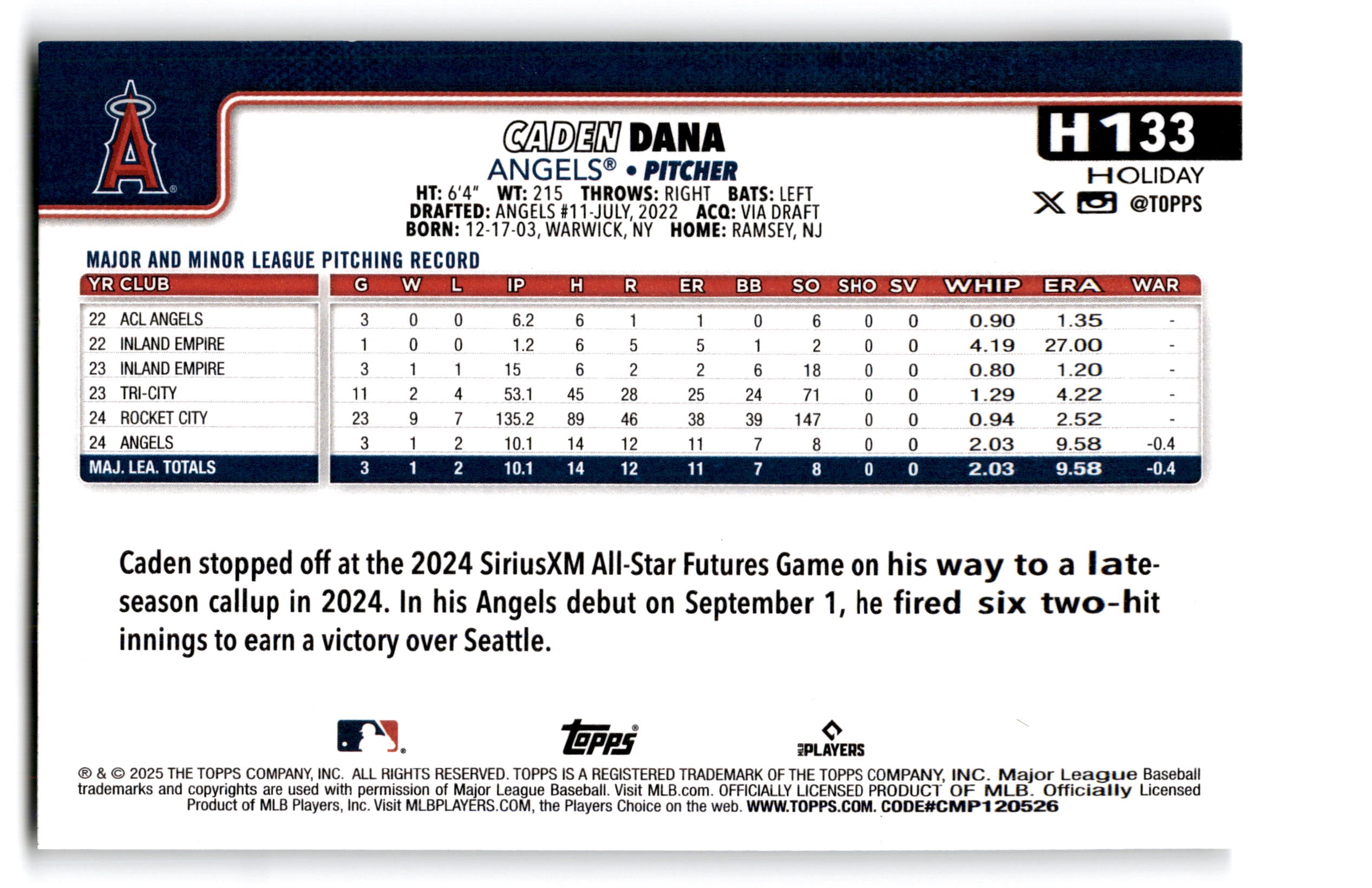 2024 Topps Holiday Caden Dana #H-133 RC