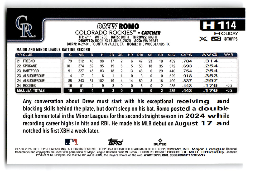 2024 Topps Holiday Drew Romo #H114 RC