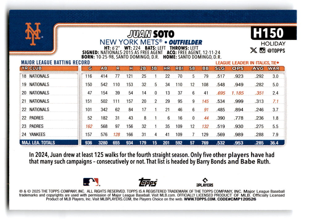 2025 Topps Holiday Juan Soto #H150