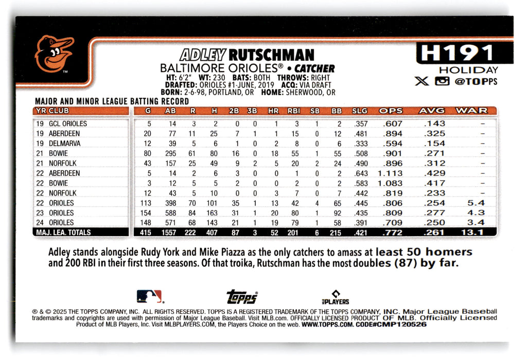2023 Topps Holiday Baseball Adley Rutschman #H191