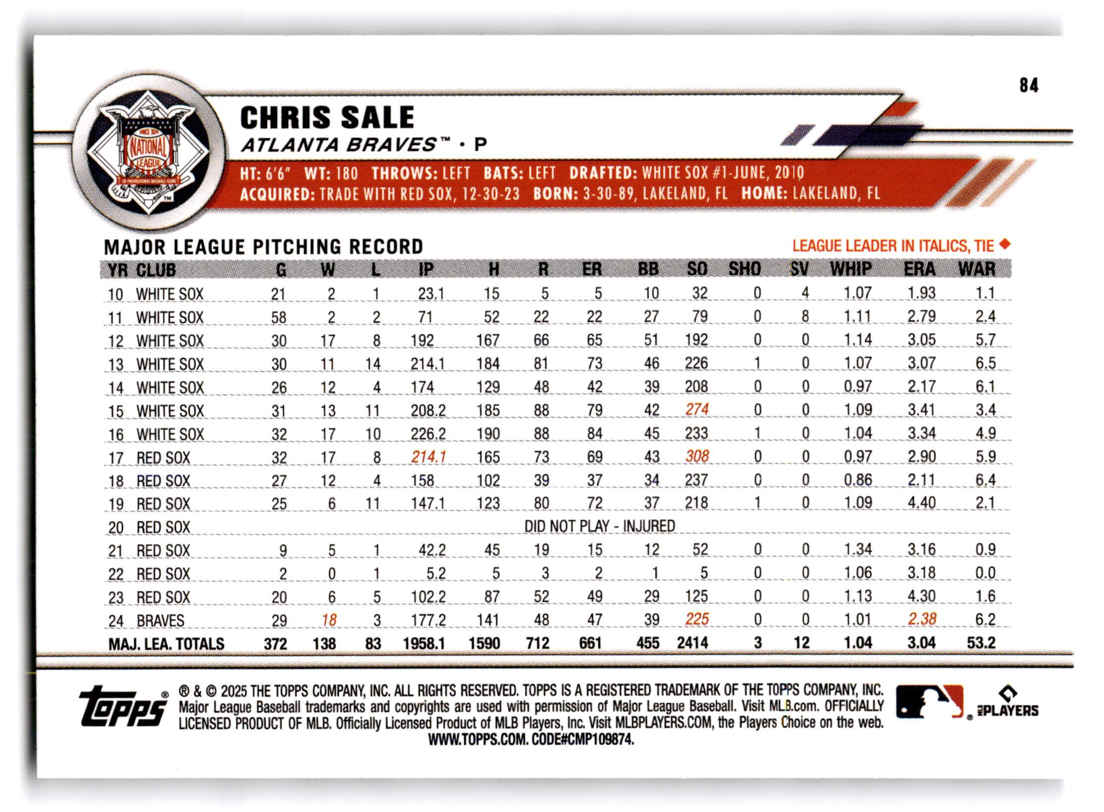 2025 Topps All-Star Game Chris Sale #84