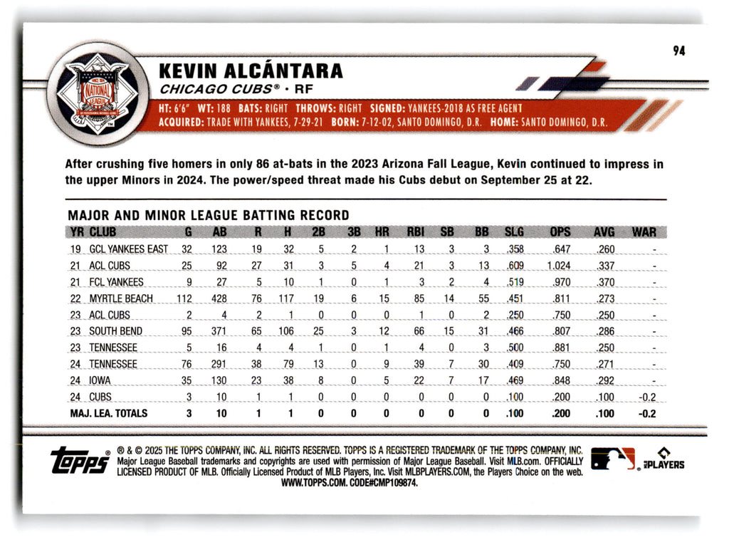 2025 Topps All-Star Game Kevin Alcántara #94 RC
