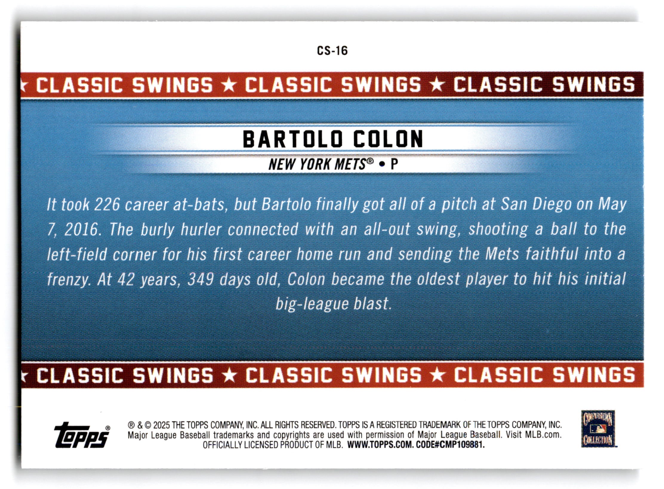 2025 Topps All-Star Game Classic Swings Bartolo Colon #CS-16