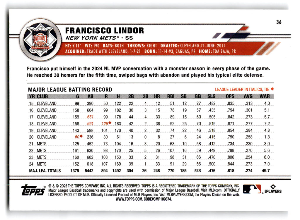 2025 Topps All-Star Game Francisco Lindor #36