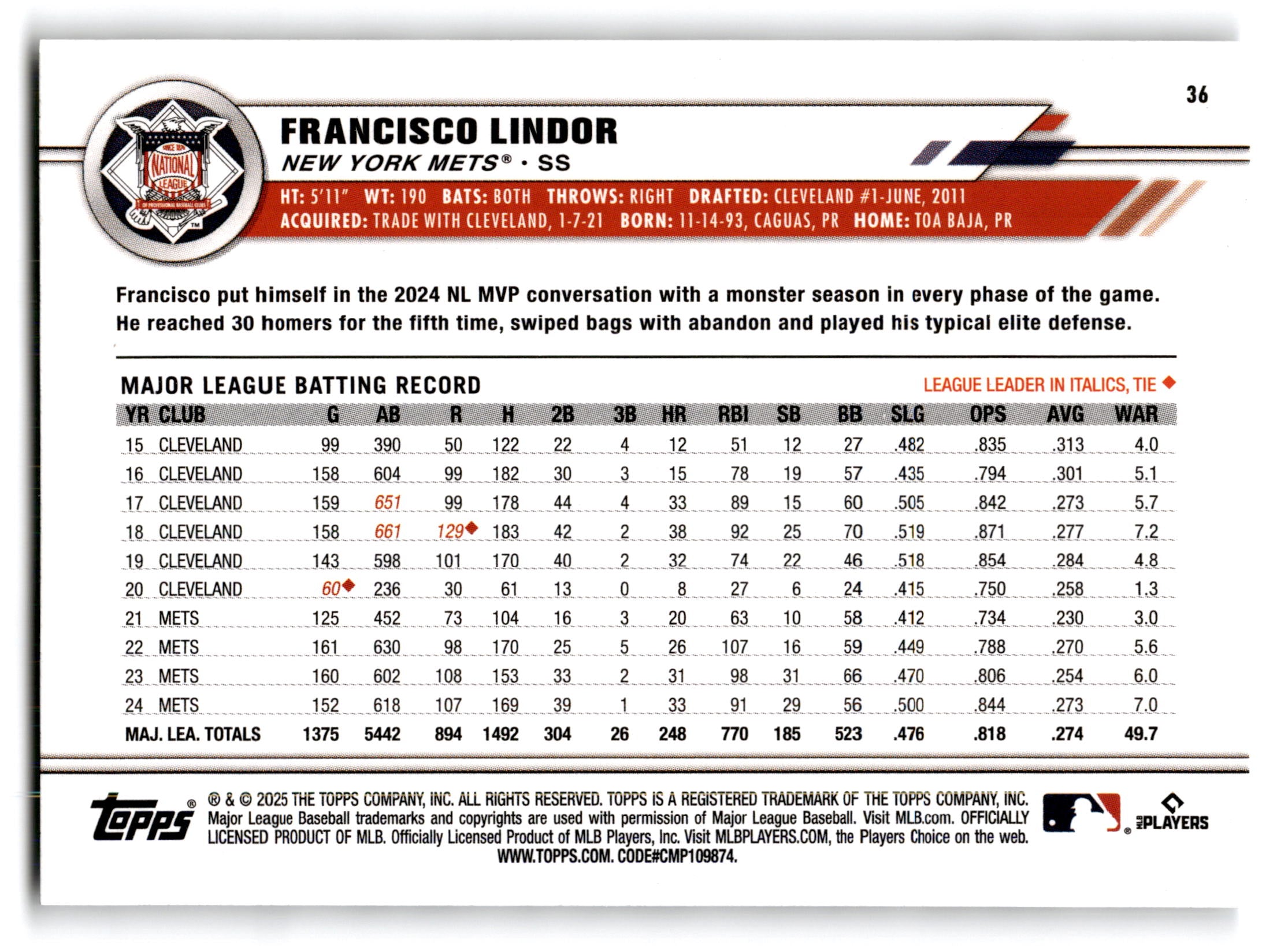 2025 Topps All-Star Game Francisco Lindor #36