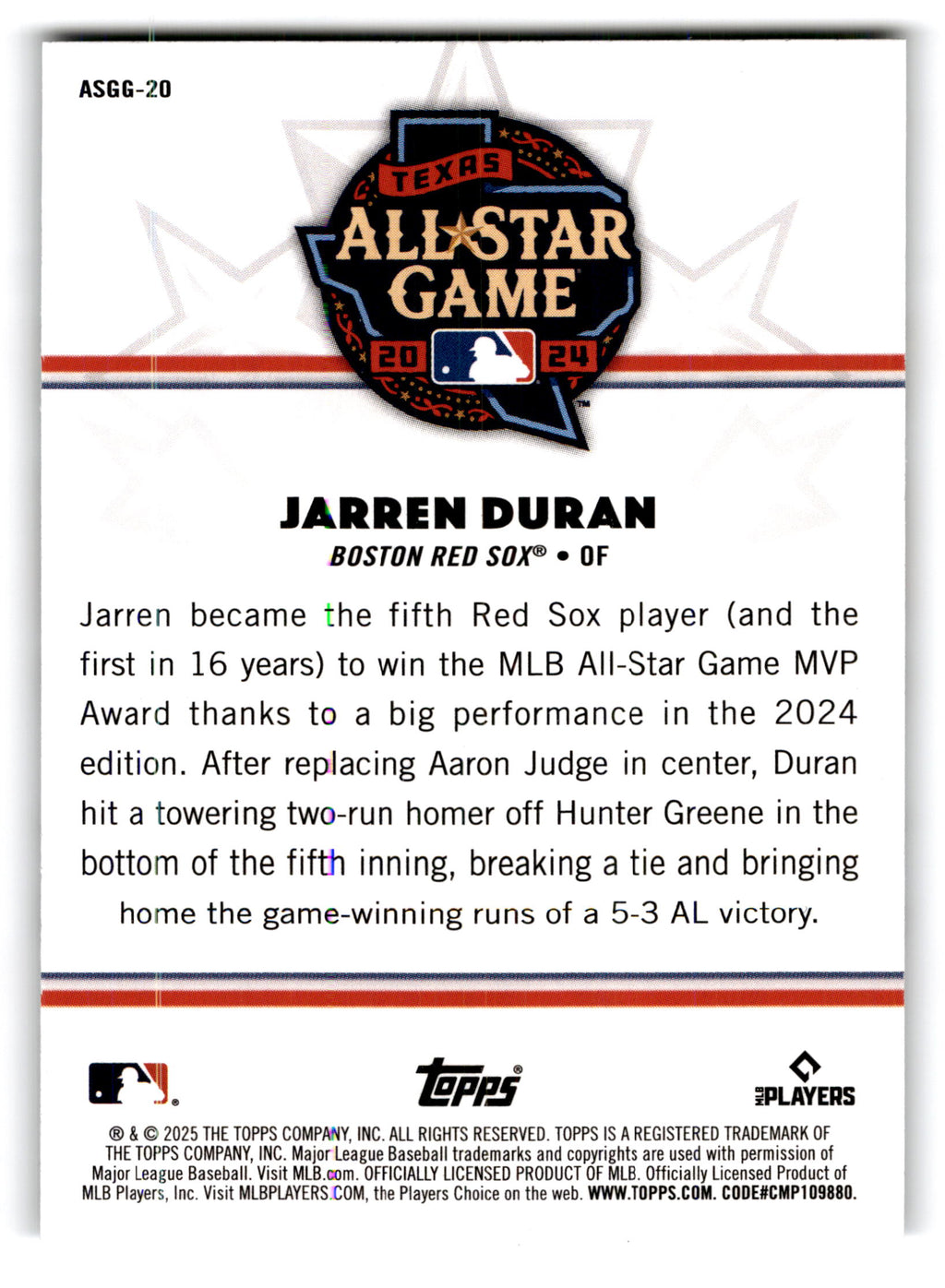 2025 Topps MLB All-Star Game Greats Jarren Duran #ASGG-20