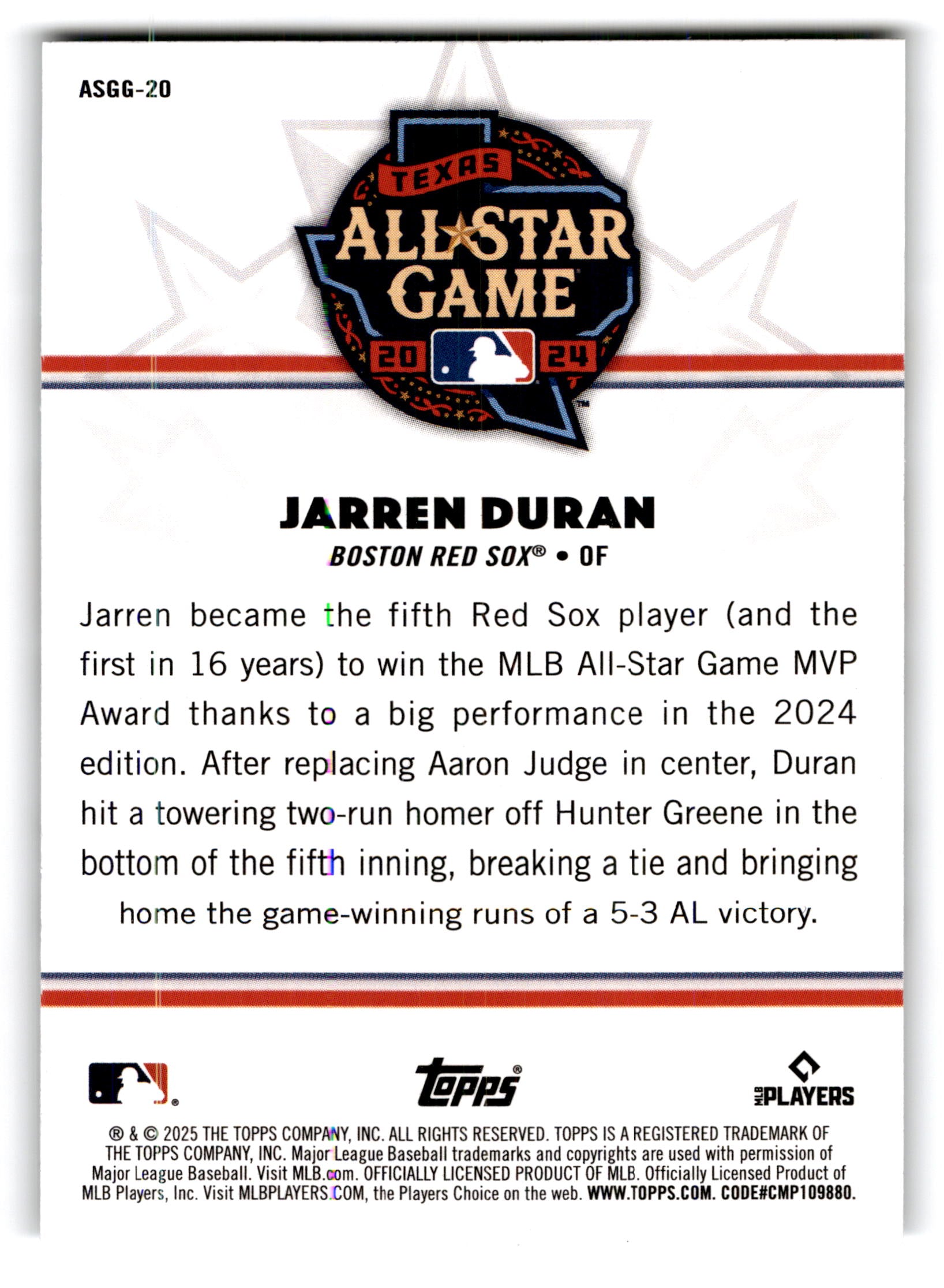 2025 Topps MLB All-Star Game Greats Jarren Duran #ASGG-20