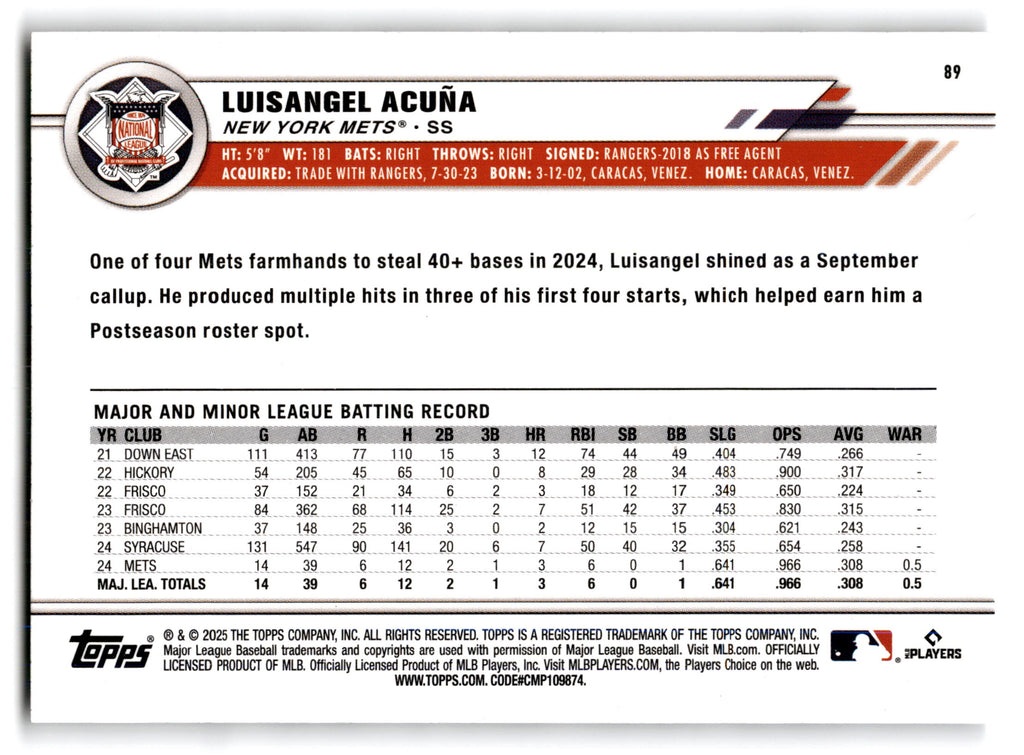 2025 Topps All-Star Game Luisangel Acuña #89 RC