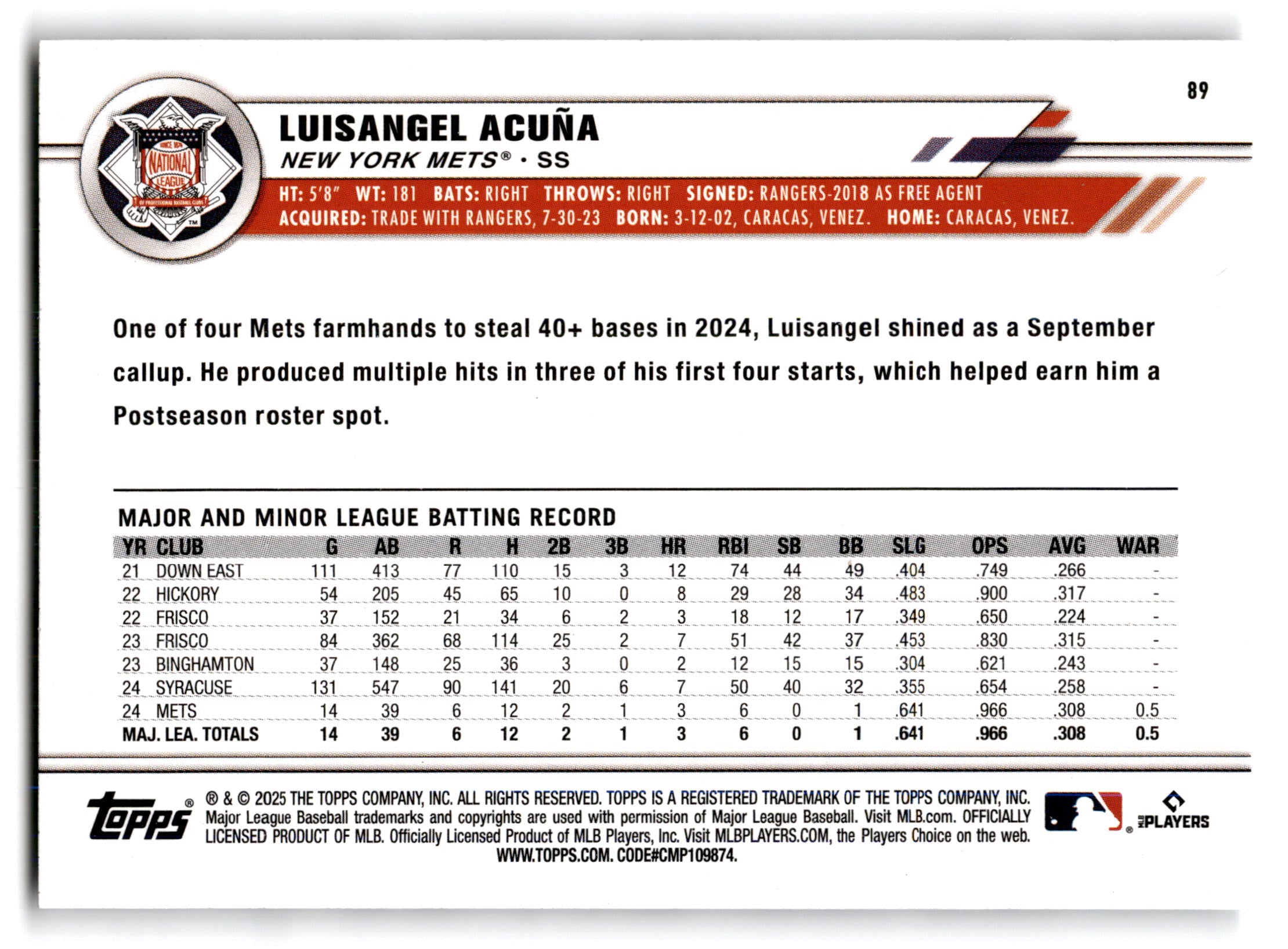 2025 Topps All-Star Game Luisangel Acuña #89 RC